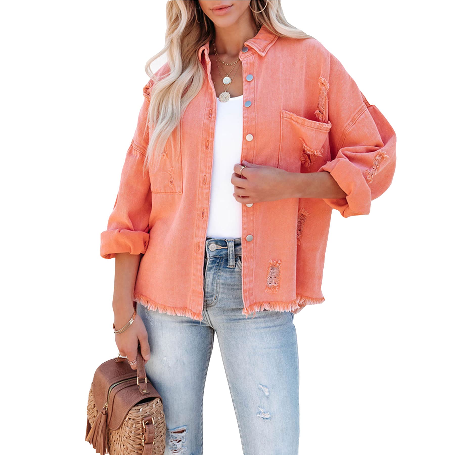 Women's Oversized Distressed Raw Hem Denim Jacket - Long Sleeve Casual Jean Jacket with Pockets | Perfect for Layering, Streetwear & Everyday Outfits