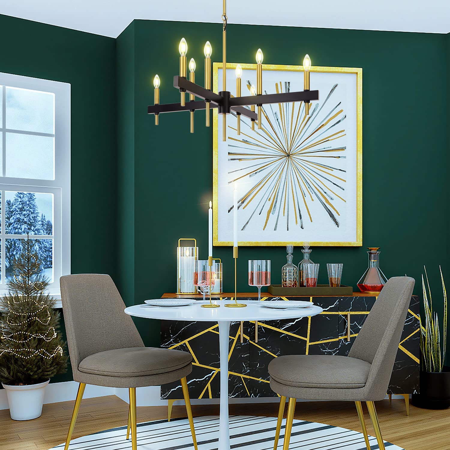 TOCHIC Black-Gold Metal Farmhouse Chandelier - 8 Light Cross Candle Pendant Lighting Fixture for Dining Room, Kitchen, Living Room, Entryway, Foyer & Bar (24 Inch) - Perfect for Rustic Home Decor and Farmhouse Style Interiors