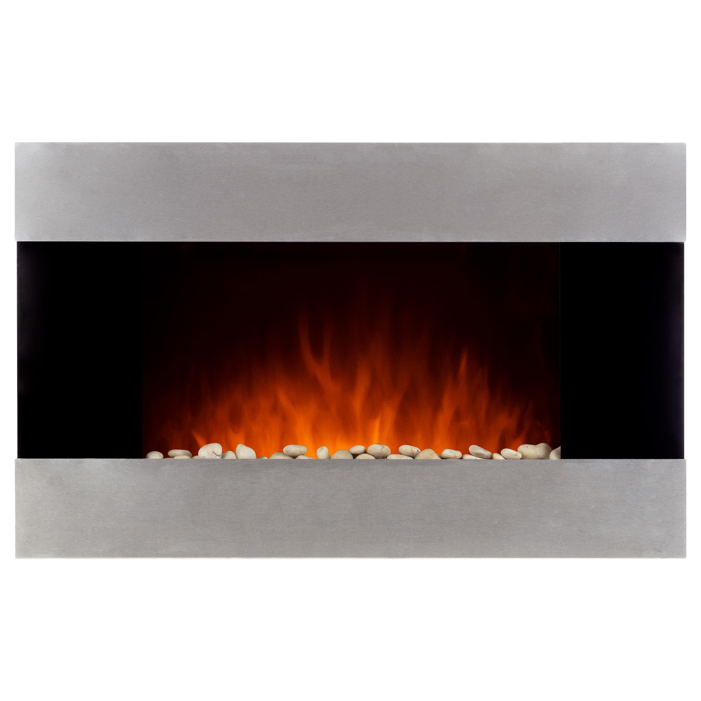 36-Inch Wall Mounted Electric Fireplace - Modern Stainless Steel Fireplace Heater with Remote Control, Adjustable Flame & Temperature, Floor Stand - Perfect for Living Room, Bedroom & Office Decor