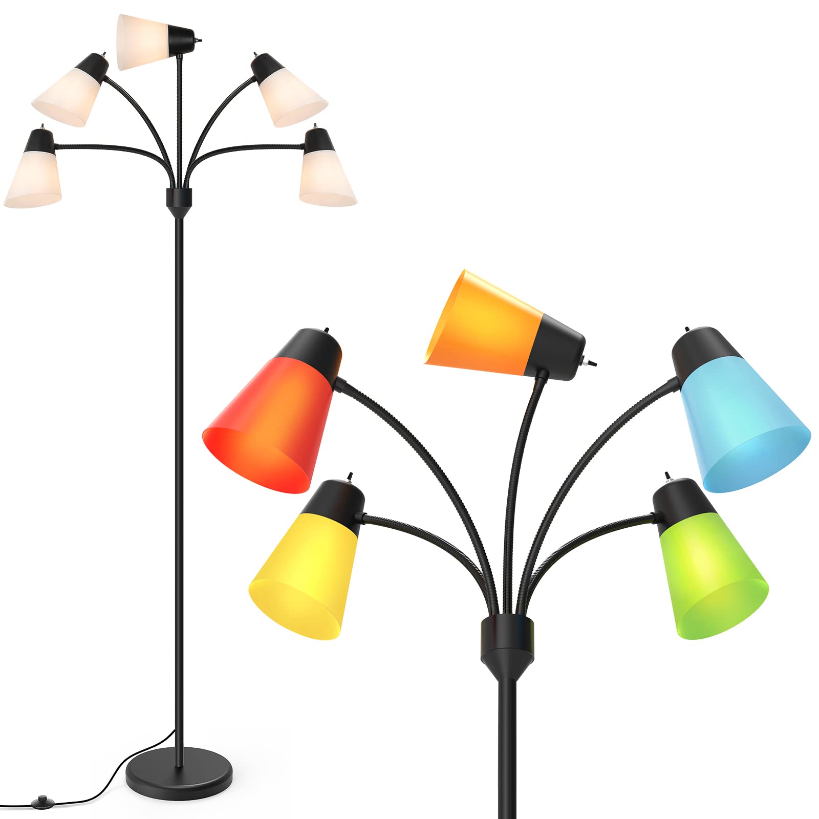 FOLKSMATE 5-Head LED Floor Lamp - Modern Adjustable Tall Standing Light with Rustic Black Finish for Living Room, Bedroom & Office Decor