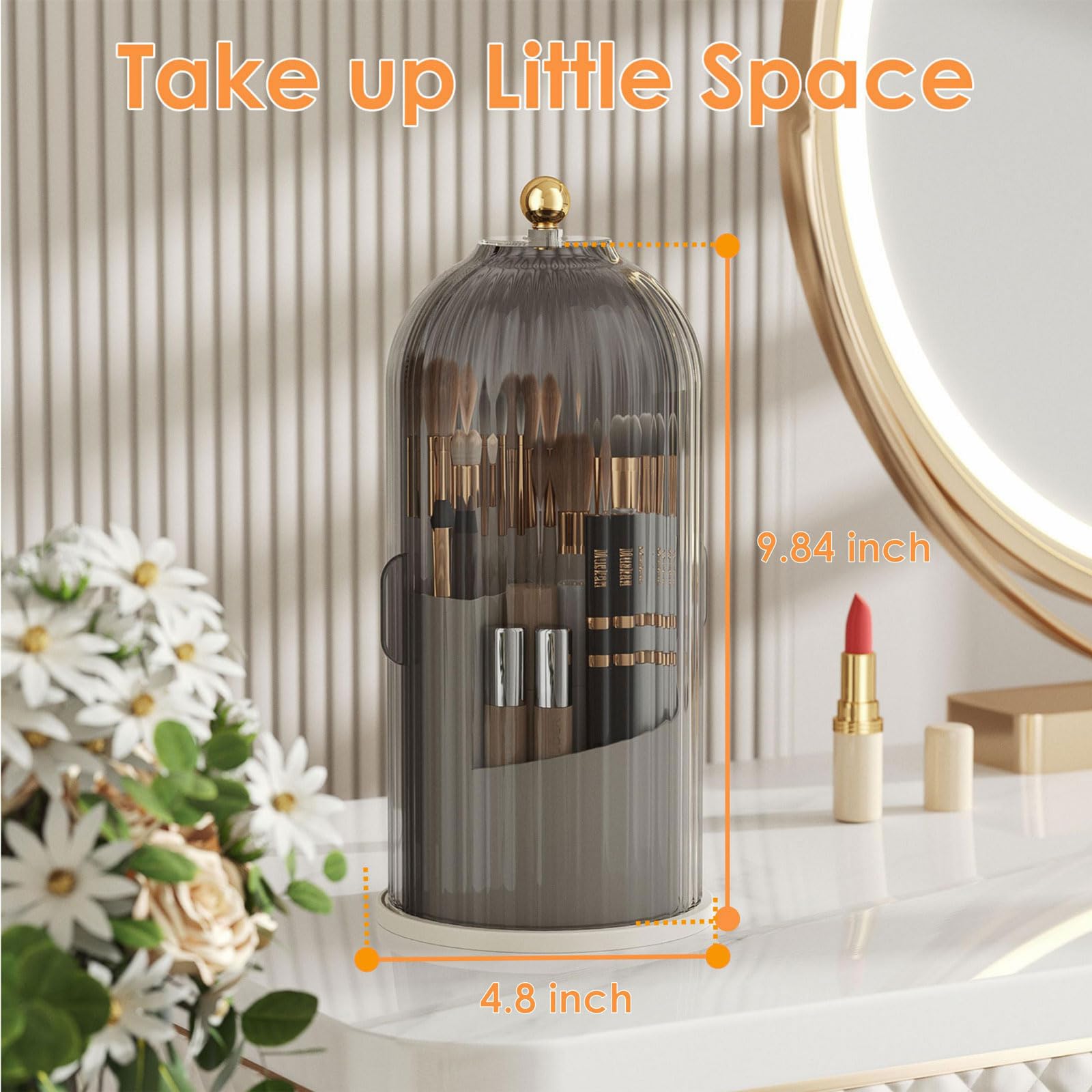 360° Rotating Clear Makeup Brush Holder with Lid - Dustproof Vanity Organizer for Bathroom Countertop & Makeup Table (Gray) | Perfect for Travel, Home & Salon Use
