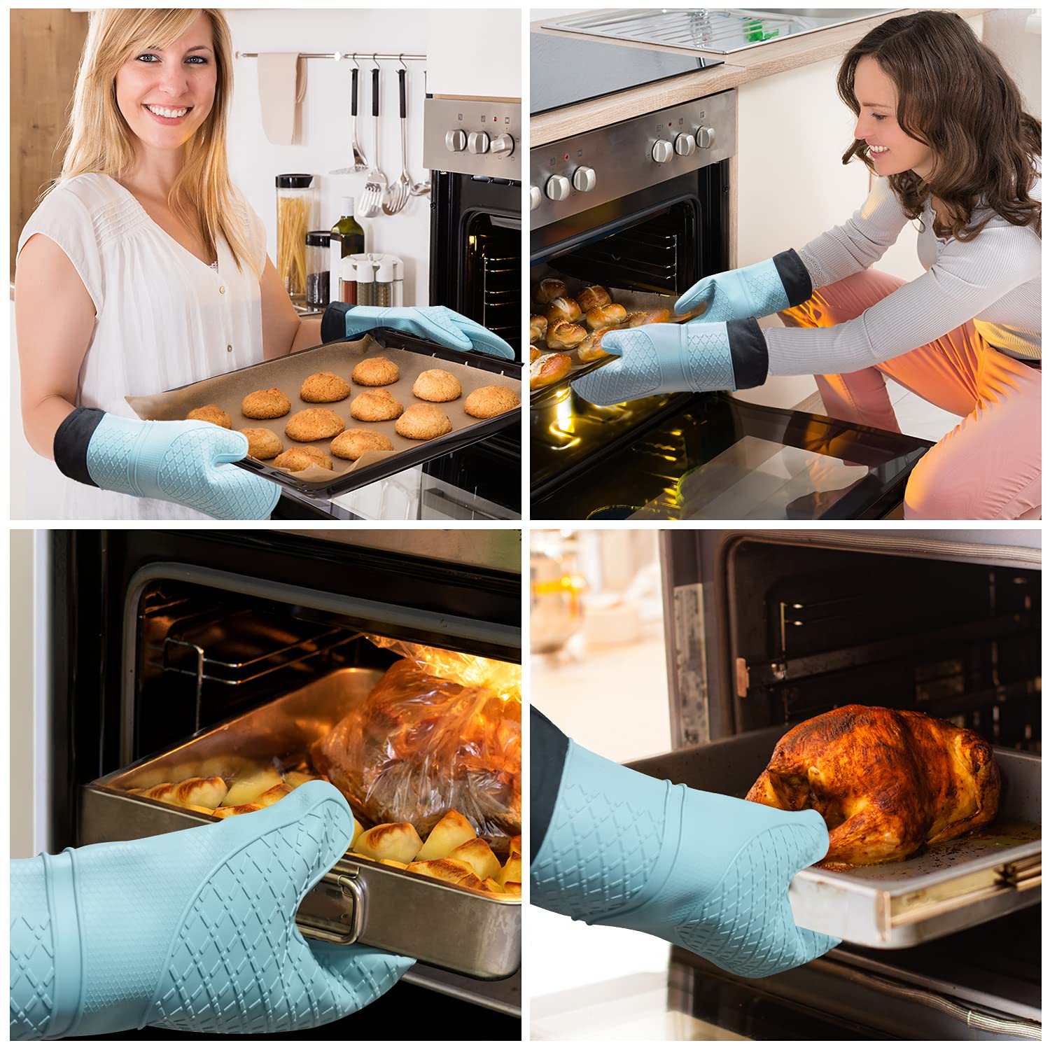 Heat Resistant Silicone Oven Gloves for Cooking, Baking, BBQ & Grilling - Waterproof & Non-Slip Kitchen Mitts for Microwave, Stovetop & Food Handling - Perfect for Hot Pans, Baking Sheets & Outdoor Grilling