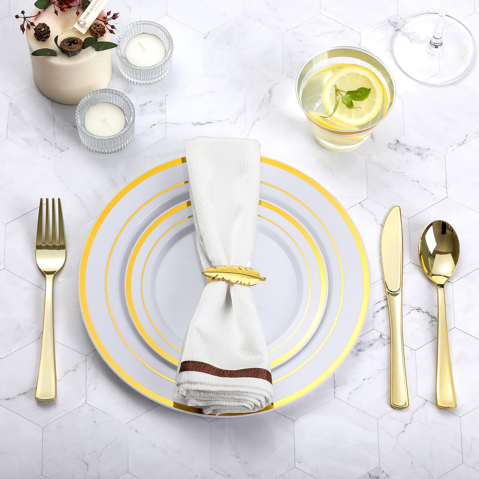 600-Piece Gold Plastic Dinnerware Set for 100 Guests - Disposable Plates, Forks, Knives, Spoons & Cups for Parties, Weddings, Birthdays - Elegant & Convenient for Large Gatherings & Events