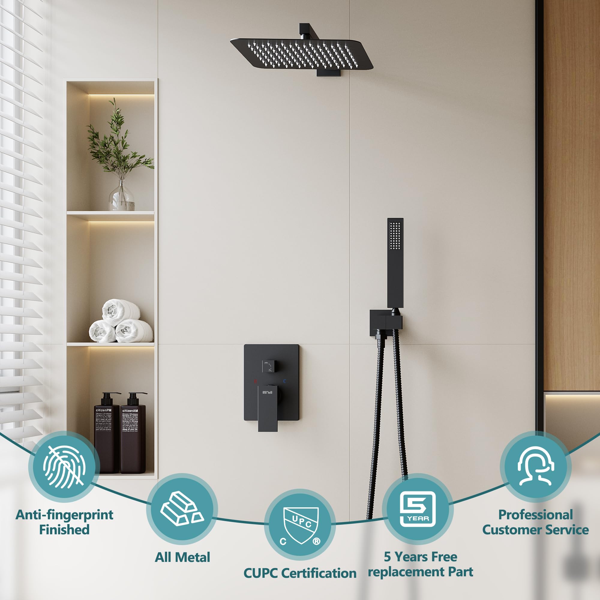 ESNBIA Matte Black Shower Faucet Set - 12 Inch Rainfall Shower System with High Pressure Rain Shower Head & Handle, All Metal Bathroom Fixtures with Pressure Balance Valve for Spa-Like Shower Experience