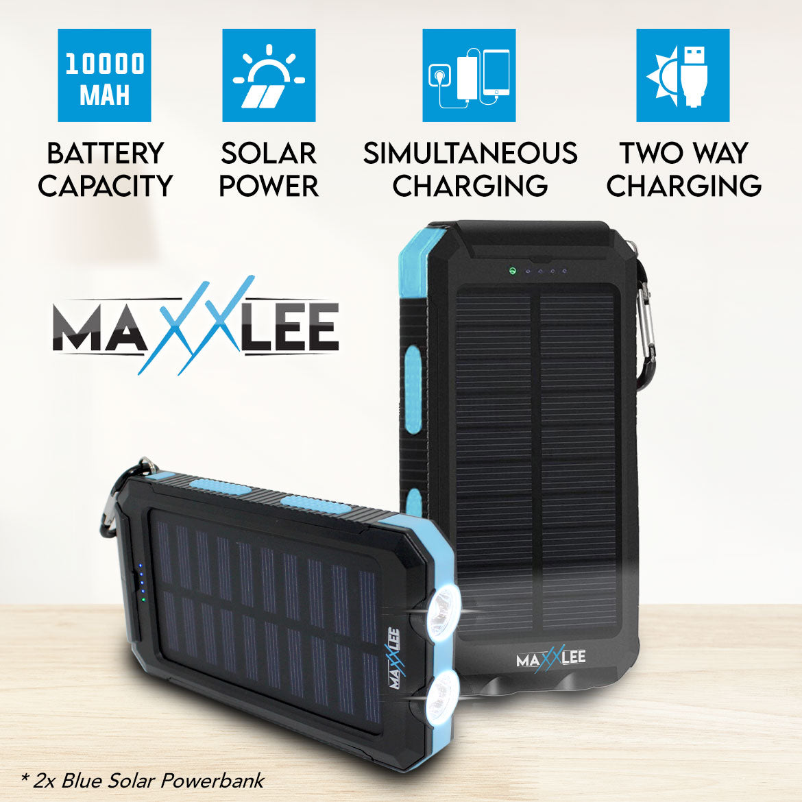 Maxxlee 10000mAh Solar Power Bank with Dual USB Ports, Flashlight & Compass - Portable Solar Charger for Camping, Hiking, and Emergency Power Outages