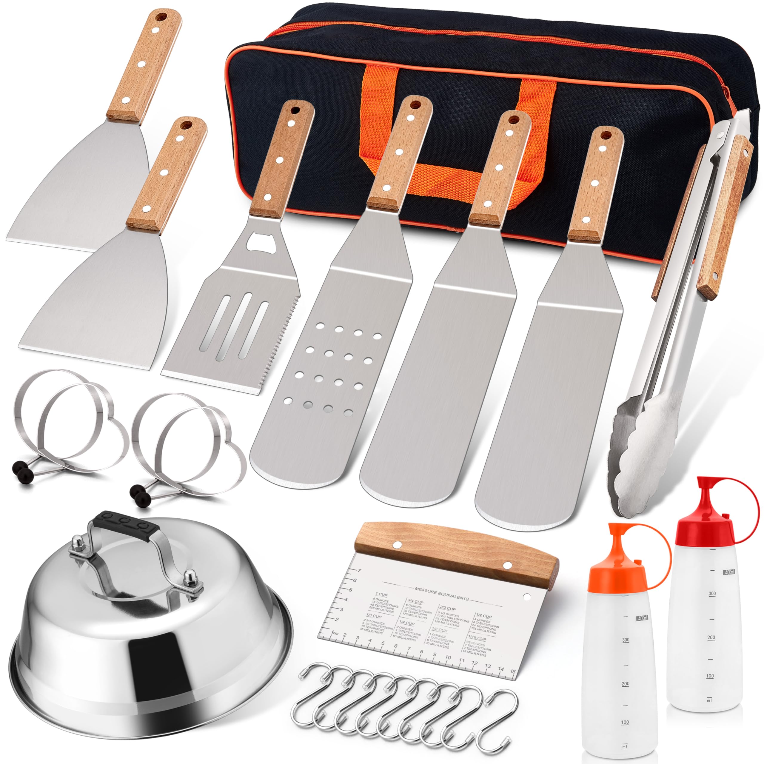 28 Pcs Heavy Duty Stainless Steel Griddle Accessories Kit - Professional Round Melting Dome & Iron Smash Burger Press for Flat Top Grilling | Perfect for BBQ, Outdoor Cooking, Backyard Parties & Restaurant Use