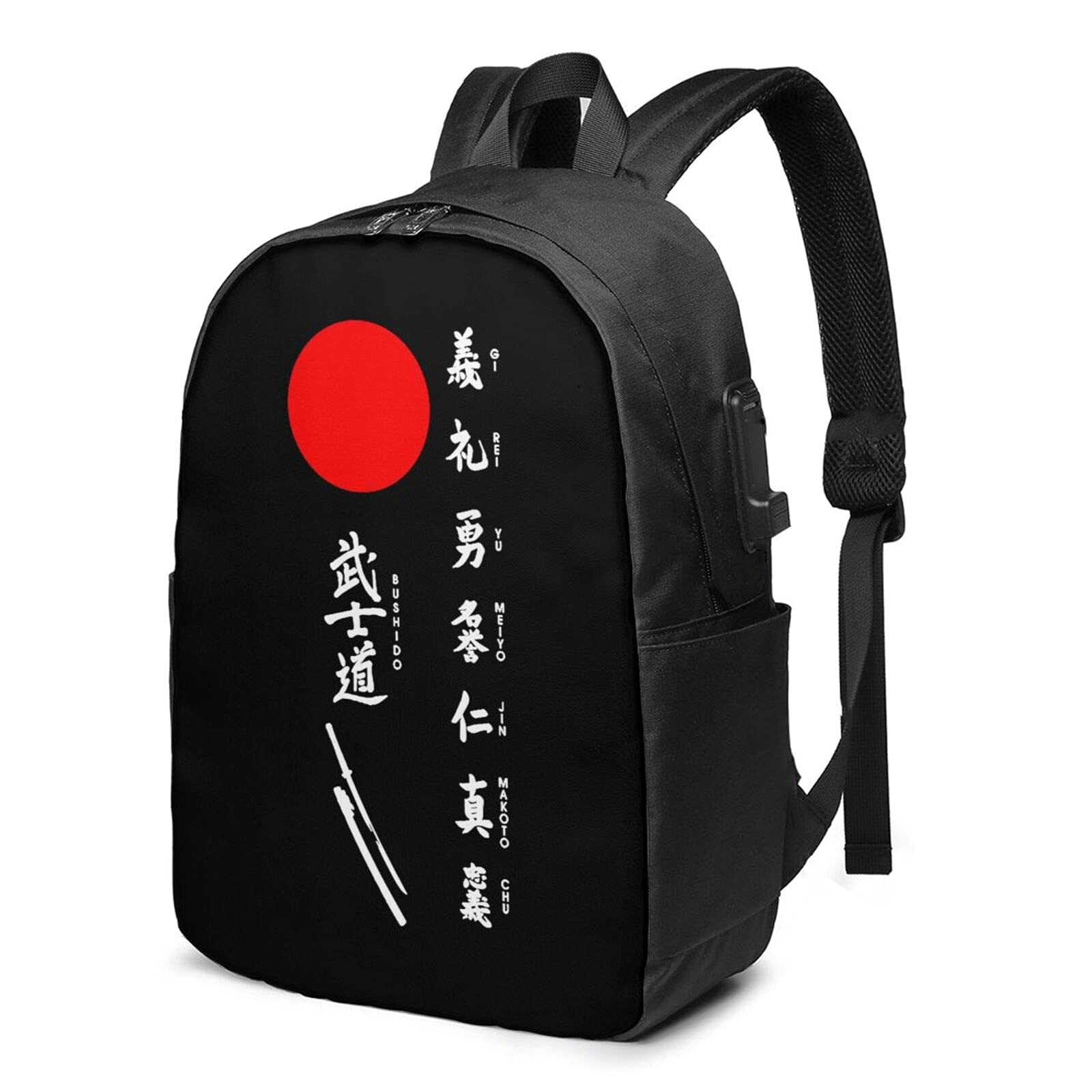 Japanese Kanji Samurai Bushido Backpack - Durable School & Travel Backpack with USB Charging Port - Perfect for College, Work & Outdoor Adventures