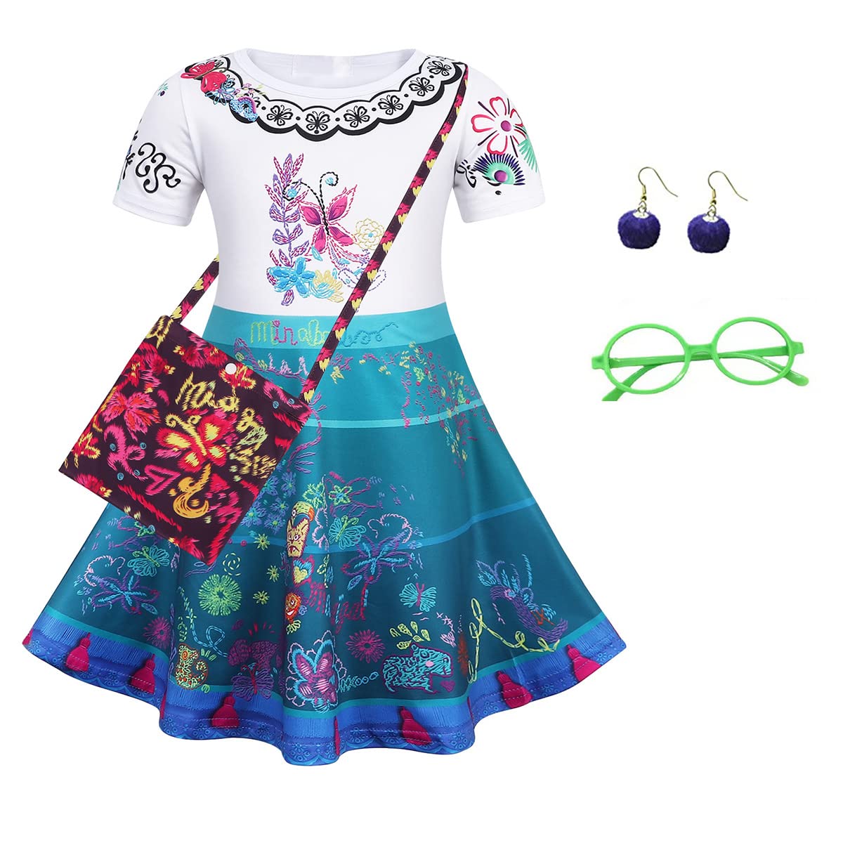 **HenzWorld Mirabel Dress for Girls - Kids Madrigal Family Costume, Isabella Birthday Party Outfit, Disney Encanto Inspired Dress Up Clothes for Halloween & Special Occasions**
