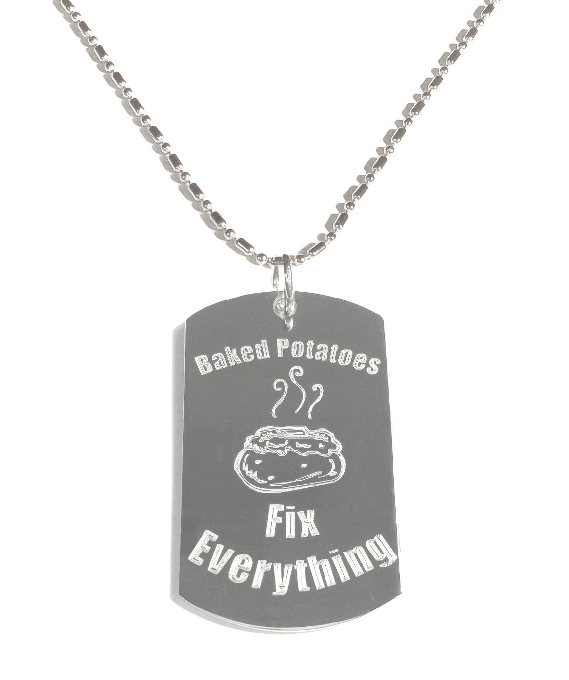 Shark Baked Potatoes Fix Everything Dog Tag Necklace - Military Style Luggage Chain Pendant for Men & Women - Perfect for Travel, Gifts, and Everyday Wear