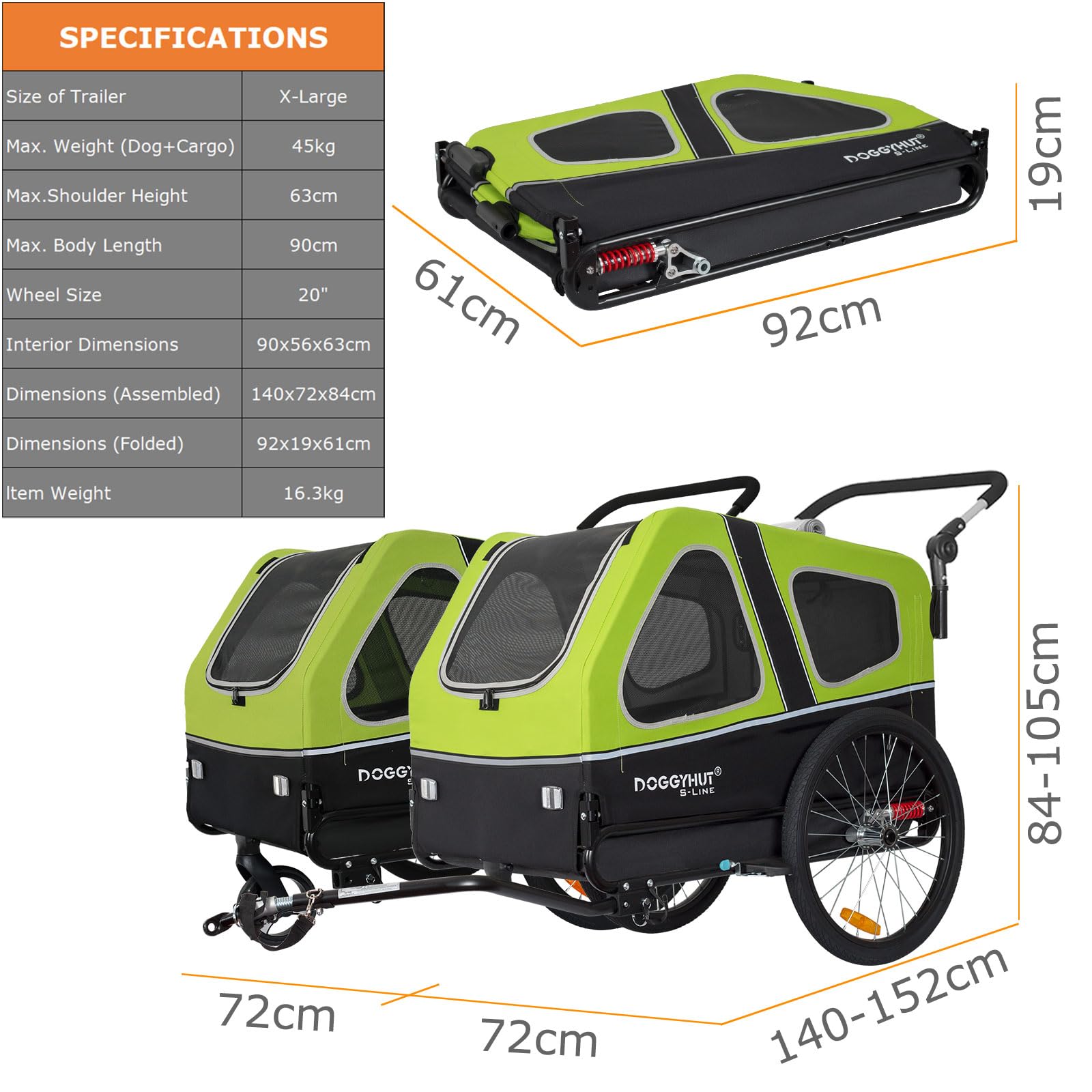 DOGGYHUT® S-Line XL Pet Bike Trailer & Stroller for Large Dogs Up to 100 lbs - Foldable Dog Cart with Suspension Wheels, Low Center Gravity & Parking Brake - Perfect for Cycling, Jogging & Outdoor Adventures with Your Dog