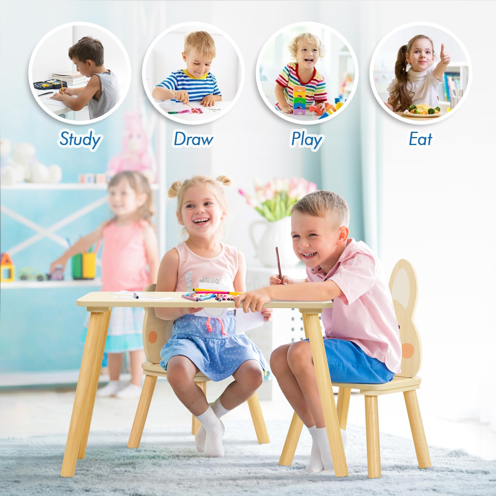 OOOK Wooden Kids Table and Chair Set - Waterproof Toddler Table with 2 Adorable Animal Chairs for Playroom, Preschool, and Home Learning Activities
