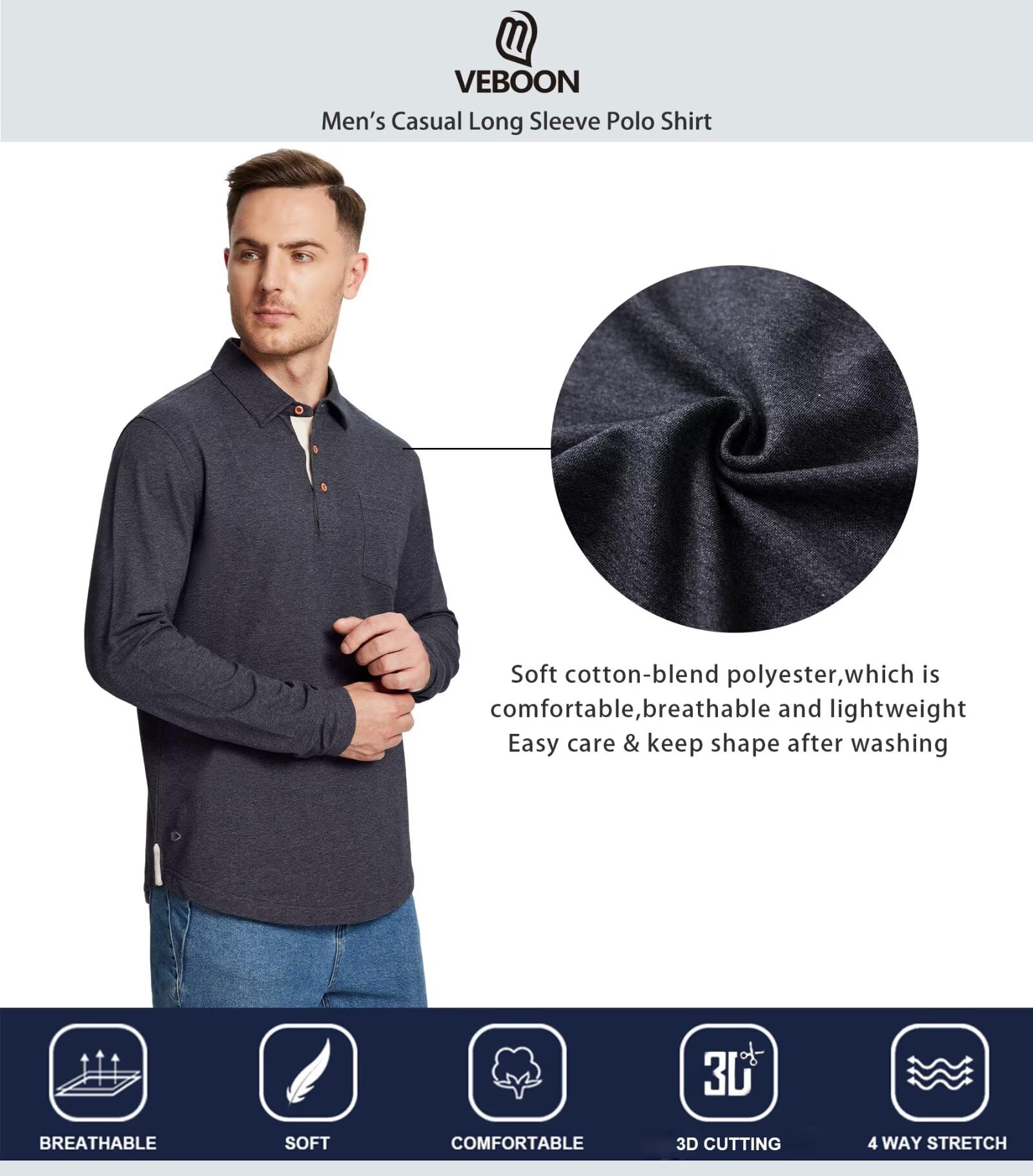 Men's Long & Short Sleeve Polo Shirts - Casual Cotton Blend with Pocket & Drop Cut Collar - Breathable Comfort for Golf, Office & Everyday Wear