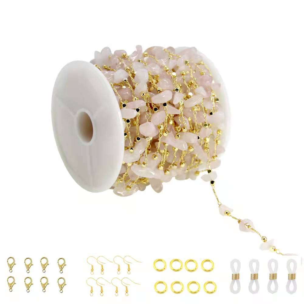 Handmade Natural Rose Quartz Beading Chain with Gold Plated Brass Findings - Jewelry Making Supplies for Bracelets, Necklaces & DIY Crafts - Perfect for Home Decor, Fashion Accessories & Gift Giving (CC60 Rose Quartz)