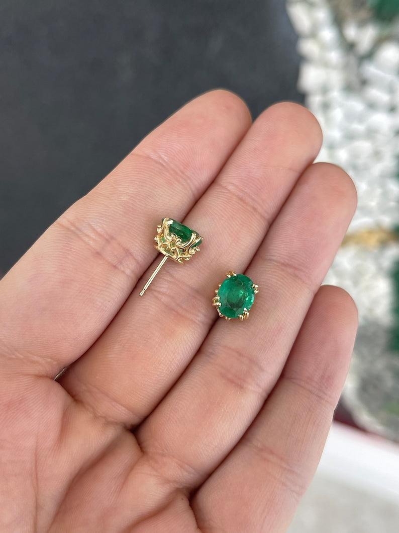 14K Gold Oval Cut Floral Fleur De Lis Stud Earrings - 3.43tcw Medium Dark Green Gemstone for Women, Perfect for Weddings, Parties & Everyday Elegance