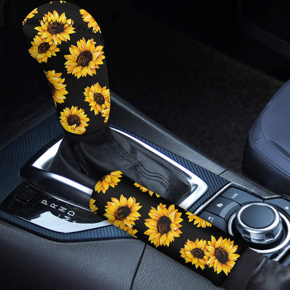 Bright Sunflowers Car Accessories for Women - 2 Pcs Floral Hand Brake Cover & Gear Shift Knob Cover Set, Fashion Auto Interior Decor | Perfect Gift for Her, Car Enthusiasts & Summer Road Trips