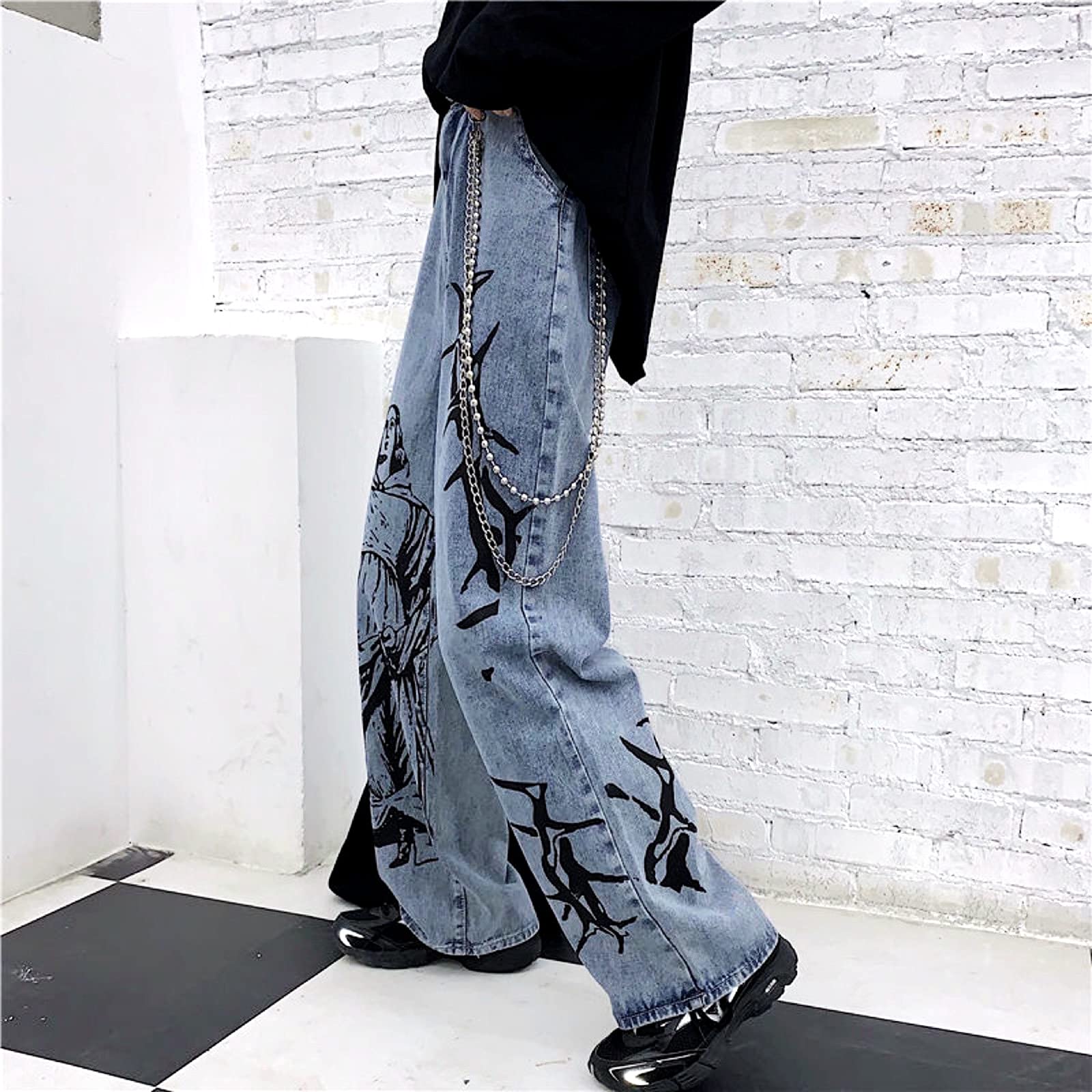 FOMOYUU High Waisted Baggy Jeans for Women - Y2K Streetwear Fashion with Print Design | Perfect for Teen Girls & Casual Outfits | Great for Parties, Shopping & Everyday Wear