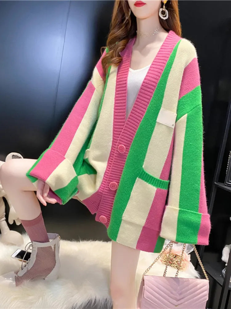 Women's Striped Knit Cardigan Sweater Coat - Loose Long Sleeve Top for Autumn Winter 2024 | Cozy Fall Layering Piece, Office Wear & Casual Outfit Essential