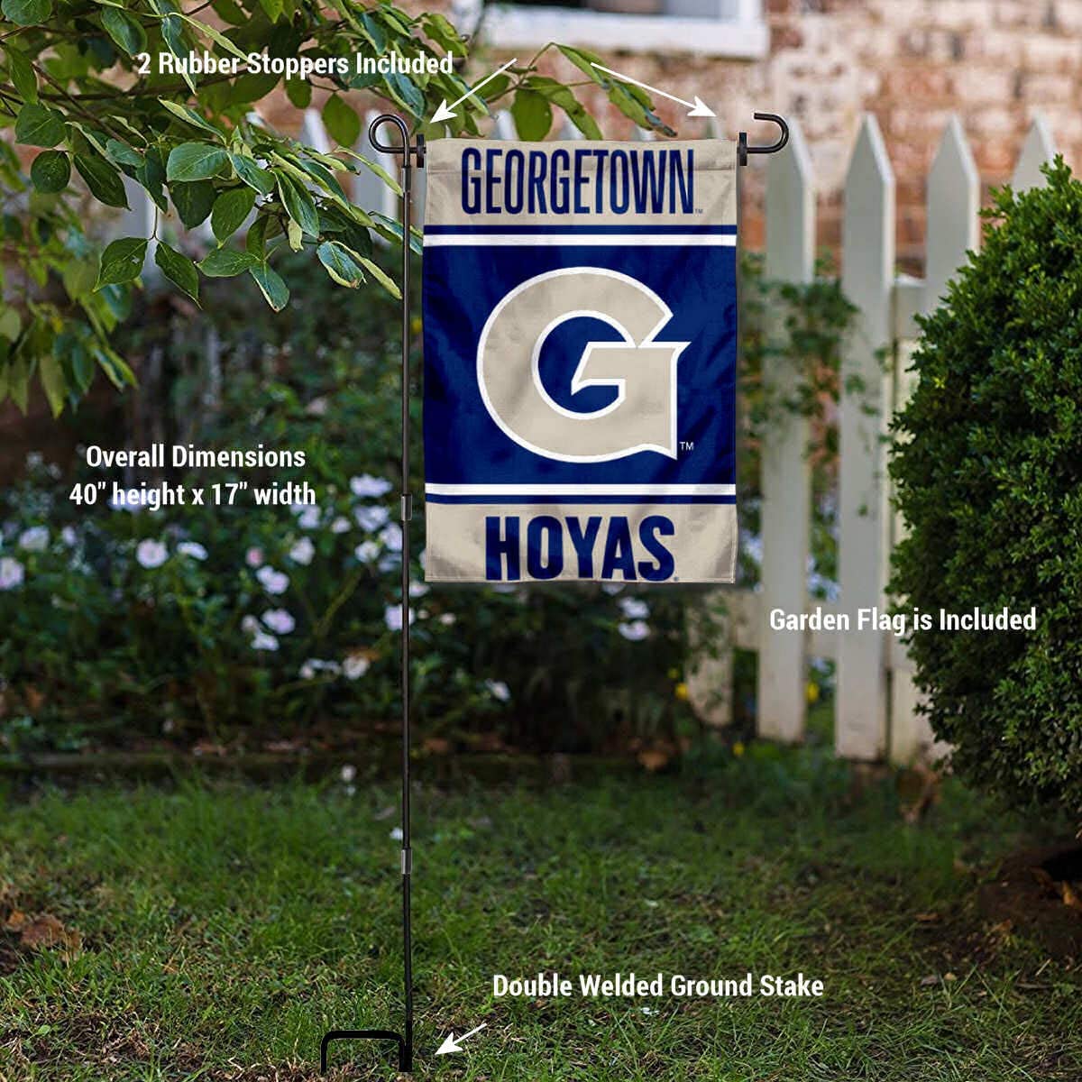 Georgetown Hoyas Garden Flag with USA Stand Pole Holder Set - College Team Spirit Decoration for Yard, Porch, and Tailgating
