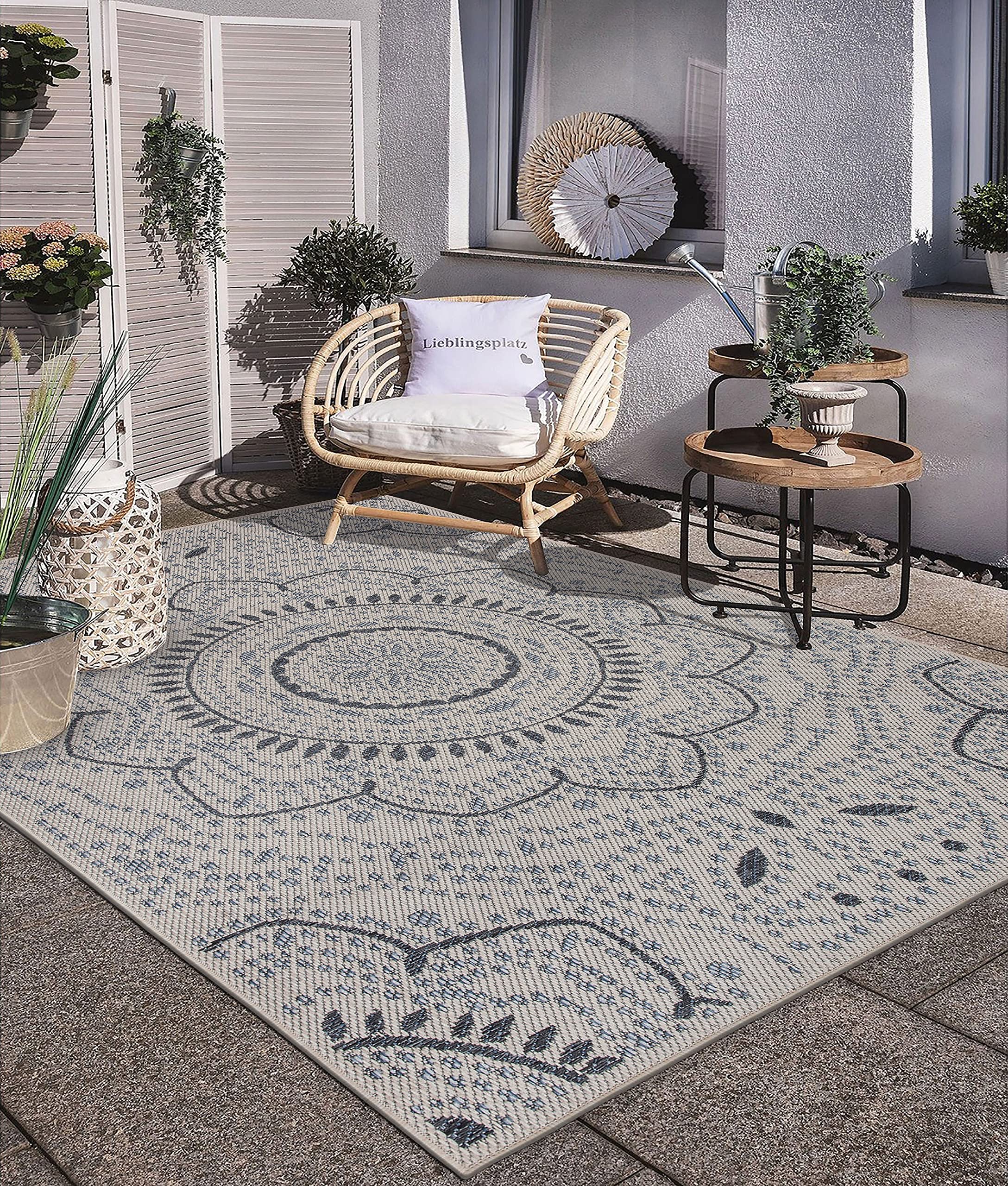 Medallion Design Indoor Outdoor Area Rug 5x7 Feet - Cream Non-Slip Patio Rug for Deck, Balcony, Living Room & Bedroom - Weather-Resistant Floor Mat for Home Decor
