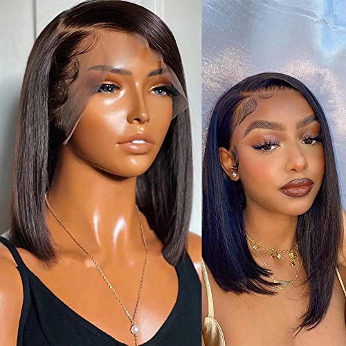 13x6 HD Transparent Lace Front Wig | Brazilian Human Hair | 150% Density Pre-Plucked | Short Bob Wavy Style with Baby Hair | 8 Inch Natural Black Women Wig for Daily Wear & Special Occasions