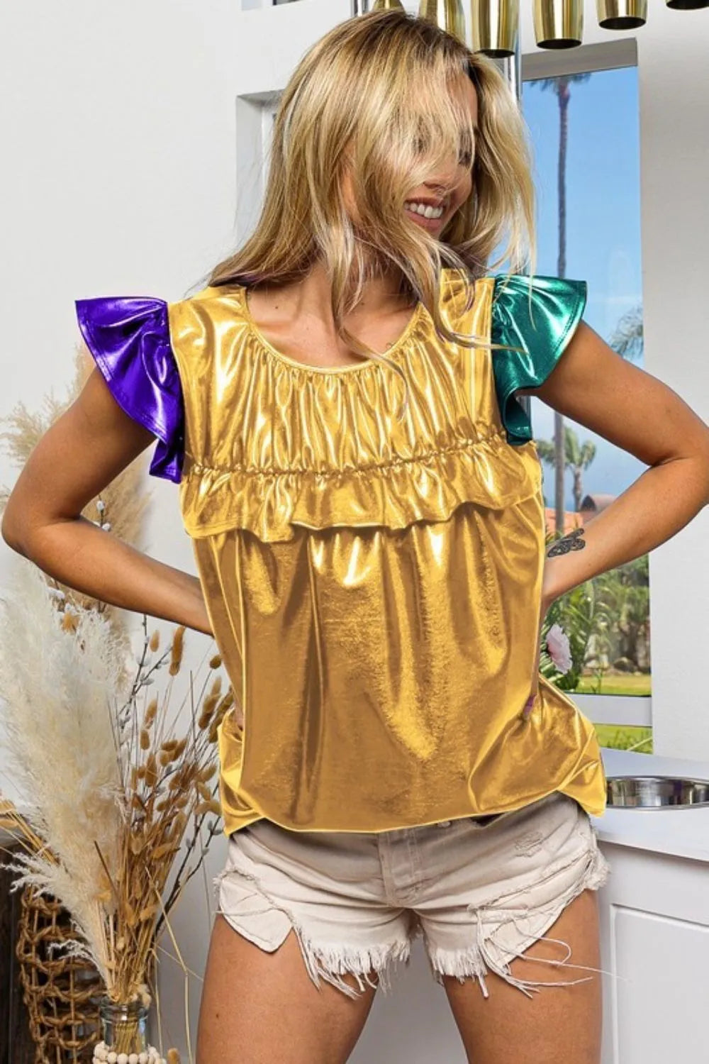 Bibi Foiled Knit Color Block Short Sleeve Ruffled Blouse - Gold, Purple & Hunter Green Women's Tops for Party, Date Night & Special Occasions