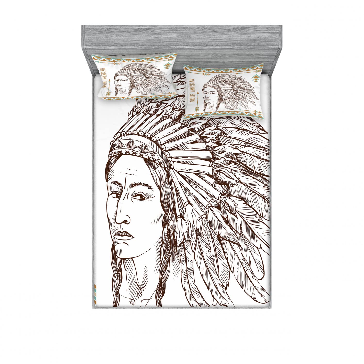 Ambesonne Ethnic 2-Pack Twin XL Fitted Sheet & Pillow Sham Set - 4-Piece Bedding Decor in Chocolate White Teal Portrait Design | Perfect for Guest Rooms, Dorm Decor, and Bohemian Style Bedrooms