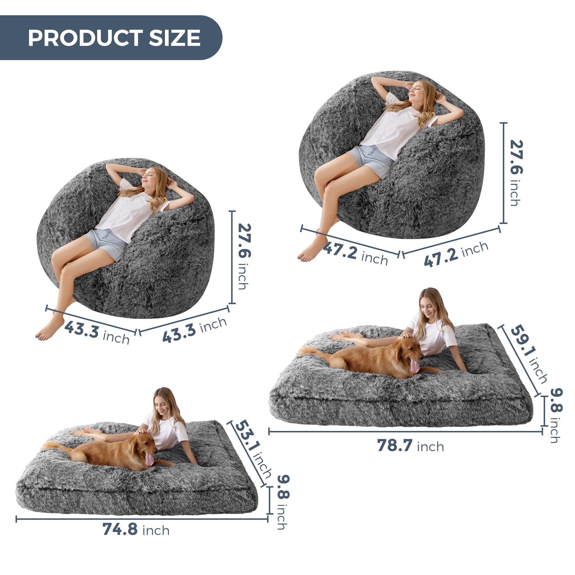 MAXYOYO Giant Faux Fur Bean Bag Chair - Convertible Lazy Chair to Floor Mattress Bed for Adults & Teens - Soft Black Oversized Beanbag for Living Room, Bedroom & Dorm - Perfect for Lounging, Gaming & Sleepovers