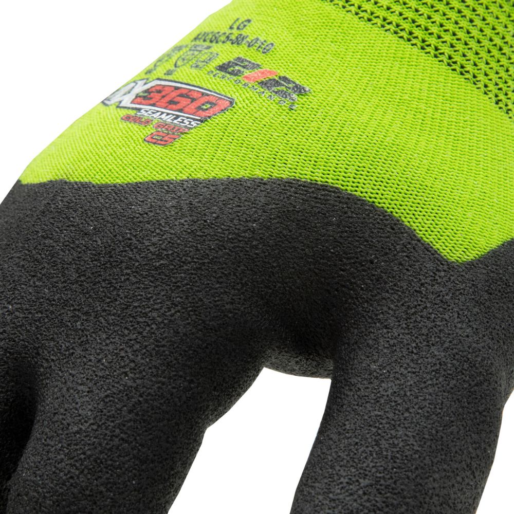 212 Performance AXCGC5 88 009 AX360 Seamless Cut Resistant Nitrile Dipped Gloves - EN Level 5 Protection, Medium Green/Black - Cold Weather & Hi-Vis Safety Gloves for Construction, Warehouse, and Outdoor Work