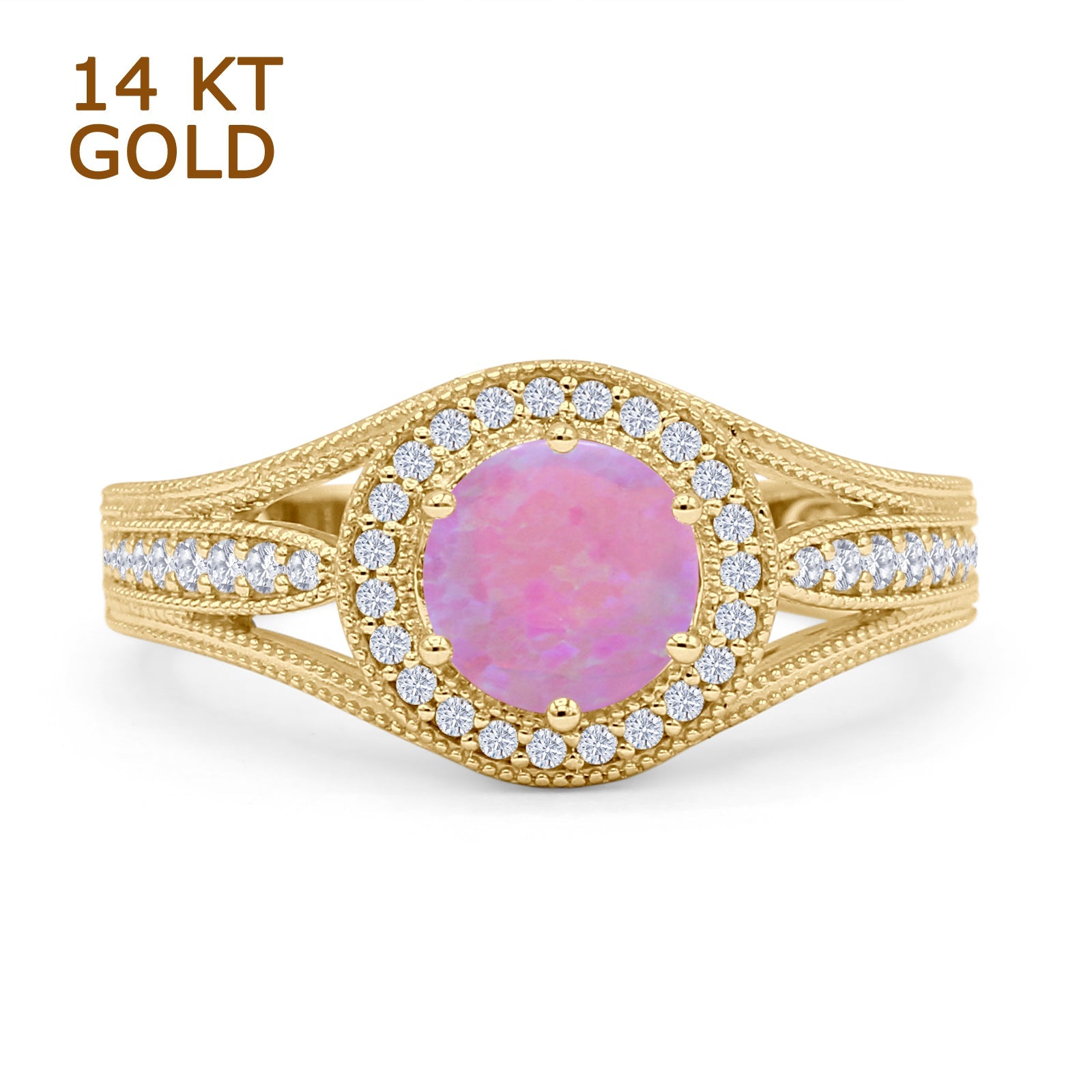 14K Yellow Gold Art Deco Round Halo Split Shank Lab-Created Pink Opal Engagement Ring for Women - Vintage Inspired Bridal Jewelry, Perfect for Weddings, Anniversaries & Special Occasions