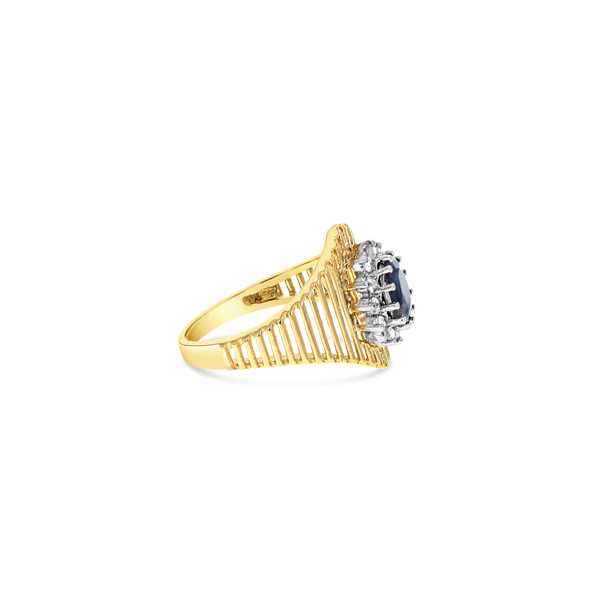 14k Yellow Gold Sapphire Diamond Halo Cocktail Ring | Elegant Evening Party Jewelry for Women