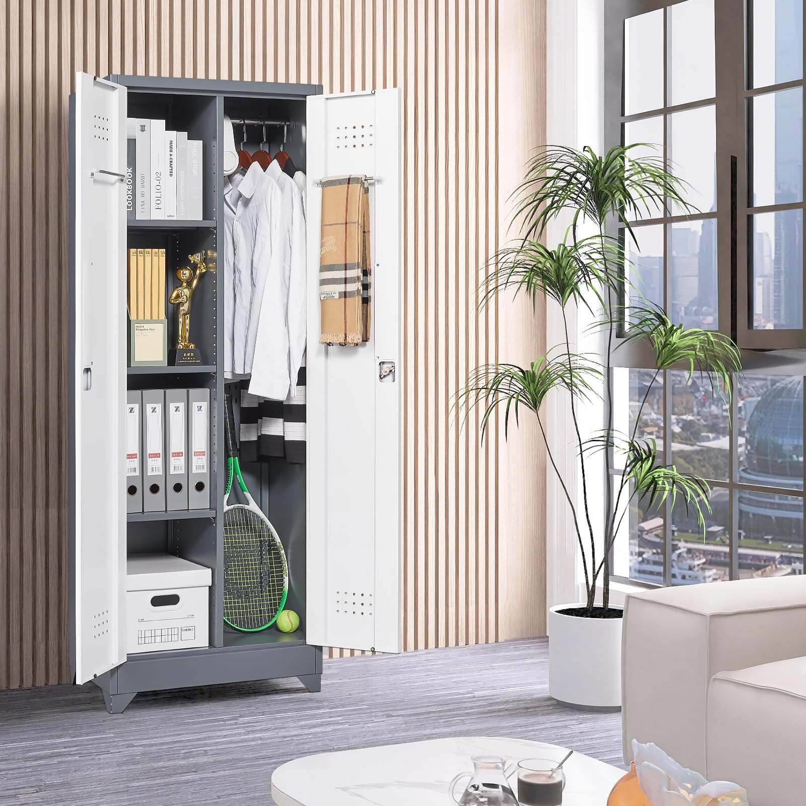 Metal Broom Closet Storage Cabinet with Pegboard & Hanging Rod - Heavy Duty Cleaning Tool Organizer for Laundry Room, Basement, Garage & Utility Room Storage Solutions