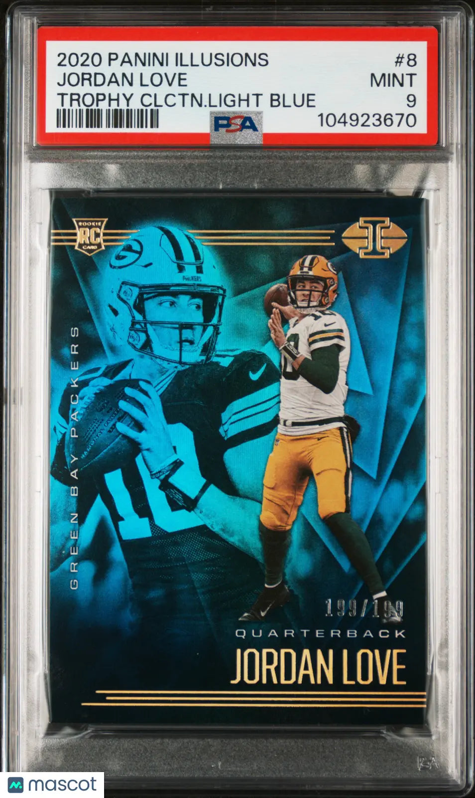 2020 Panini Illusions Jordan Love RC Rookie Card - Trophy Collection Light Blue #/199 PSA 9 Gem Mint - Perfect for NFL Collectors & Green Bay Packers Fans Display