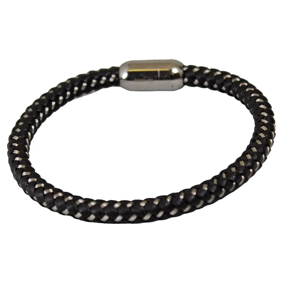 SteelTime Men's Black Leather Stainless Steel Bracelet with Hematite & Lava Stone - Stylish Gift for Men, Outdoor & Casual Wear