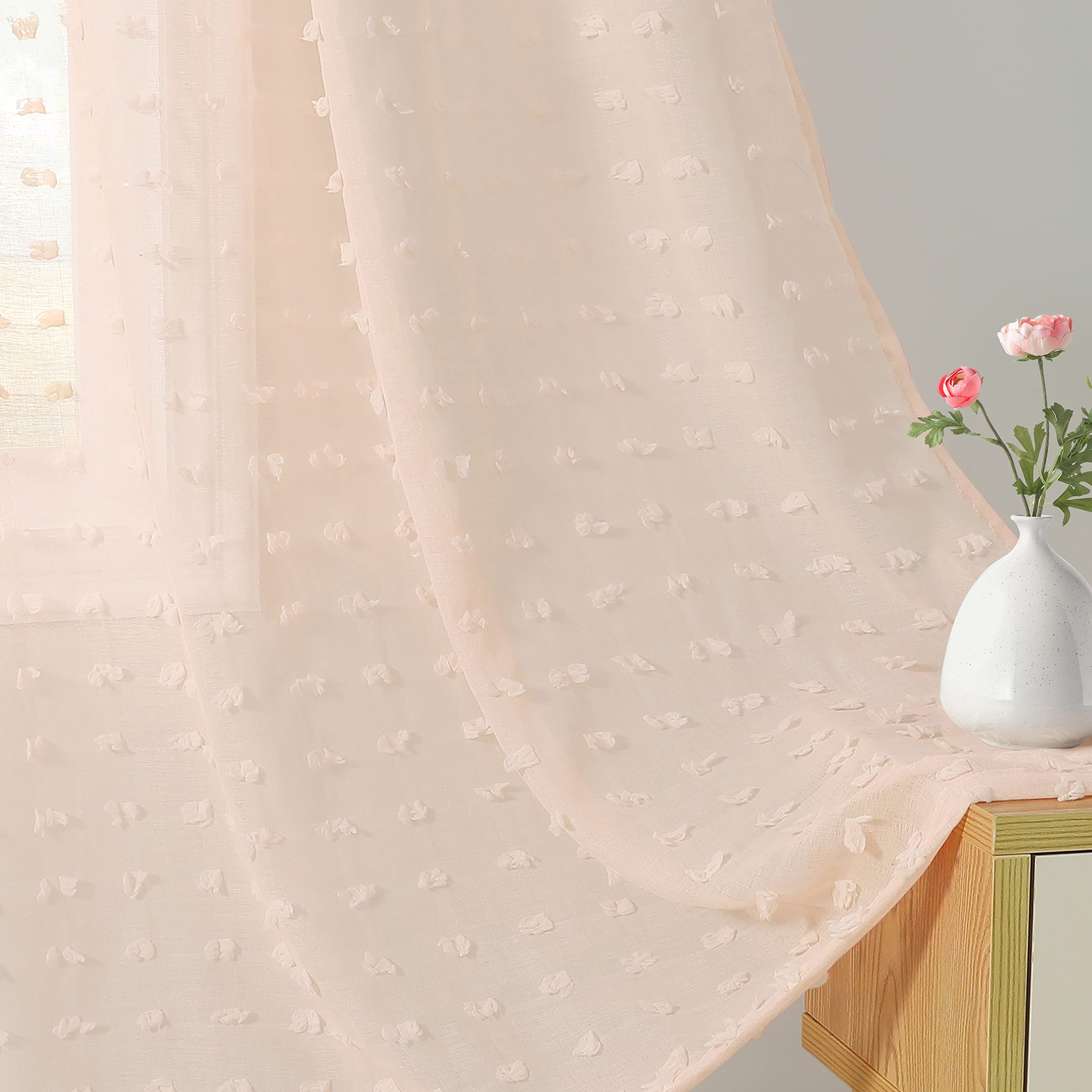 Blush Pink Tab Top Sheer Curtains 38x45 Inches - 2 Panels Light Filtering Textured Drapes for Kitchen, Basement, Rustic & Boho Decor | Semi-Sheer Window Treatments for Country Style Homes