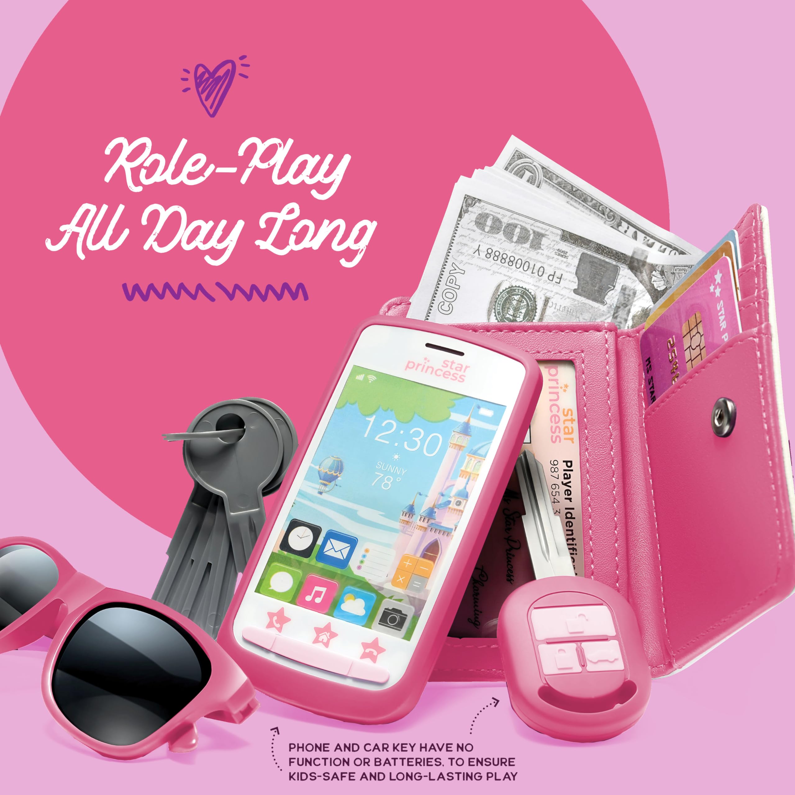 Pretend Play Purse Set for Girls Ages 3-8 - Toy Phone, Wallet, Credit Cards, Keys & Makeup Kit | Role Play Accessories for Toddlers & Little Girls | Perfect for Birthday Gifts, Dress-Up & Imaginative Play