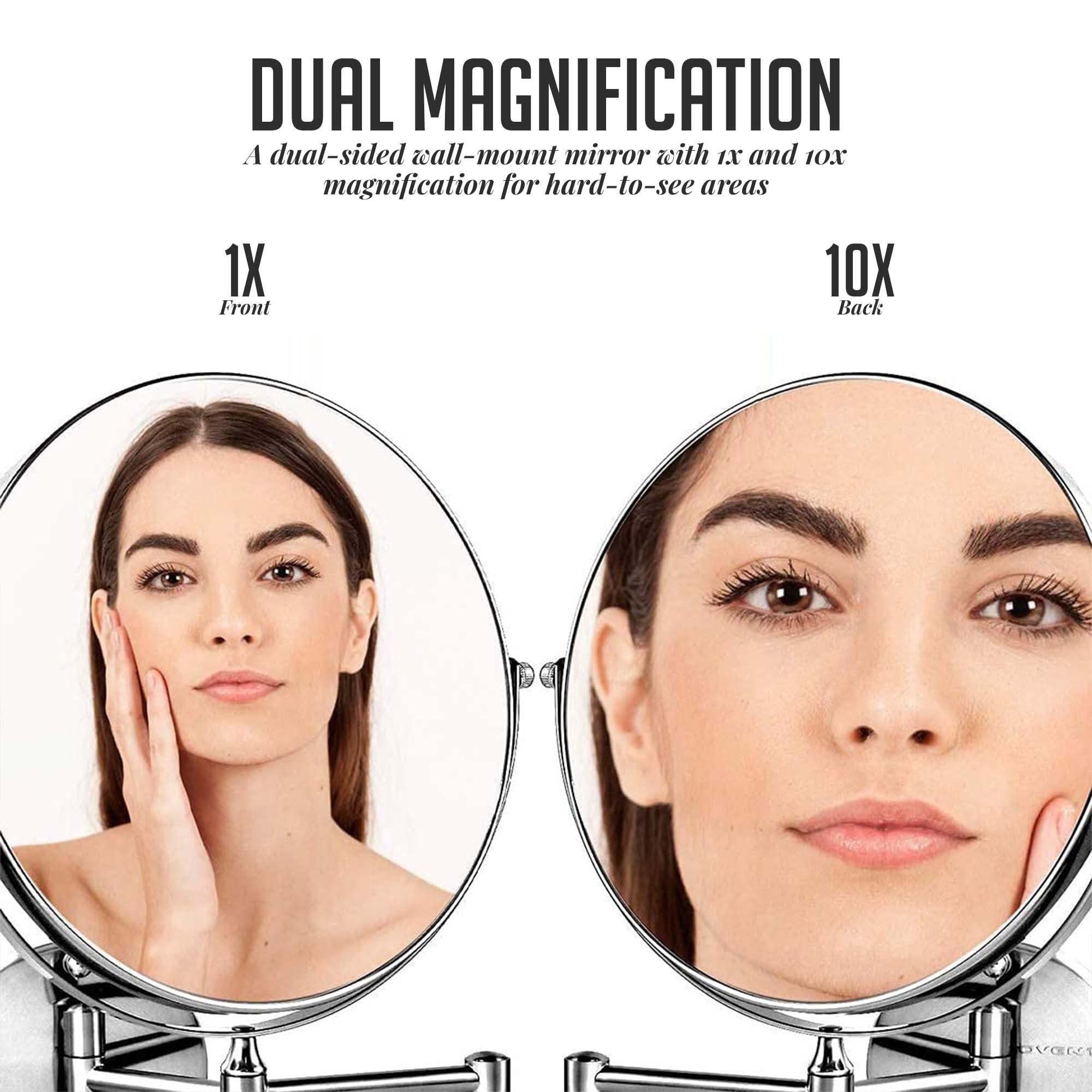 OVENTE 9 Inch Wall Mounted Makeup Mirror with 1X/10X Magnification - Double Sided Round Bathroom Vanity Mirror - 360° Swivel & Extendable Folding Arm - Polished Chrome (MNLFW90CH1X10X) - Perfect for Makeup Application, Shaving & Skincare Routines