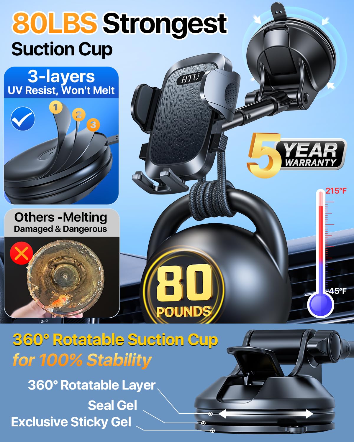 Super Heavy Duty 88 LBS Suction Cup Car Phone Holder - Universal Windshield/Dashboard/Window Mount for iPhone, Samsung & All Smartphones (Black) | Perfect for Road Trips, Commuting & GPS Navigation