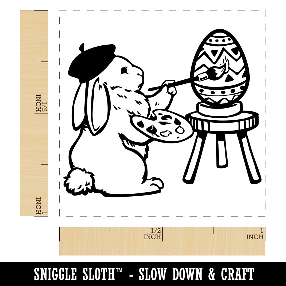 Easter Bunny Artist Painting Eggs Self-Inking Rubber Stamp - 1 Inch Small Stamp with Black Ink - Perfect for DIY Easter Cards, Scrapbooking & Holiday Crafts