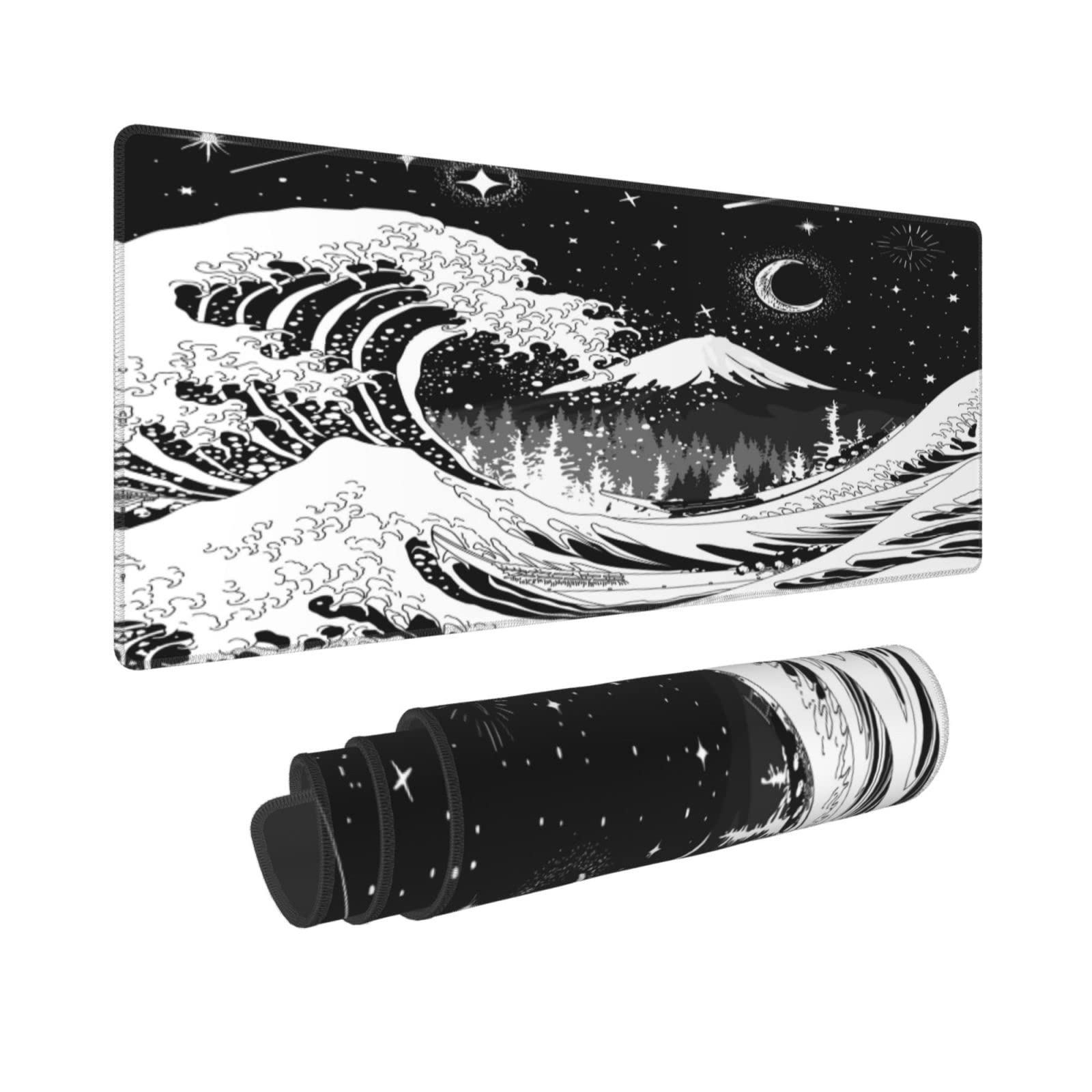 Black & White Japanese Ocean Wave Moon Star Gaming Mouse Pad - Non-Slip Rubber Base, Stitched Edges, Extended XL Desk Mat (31.5