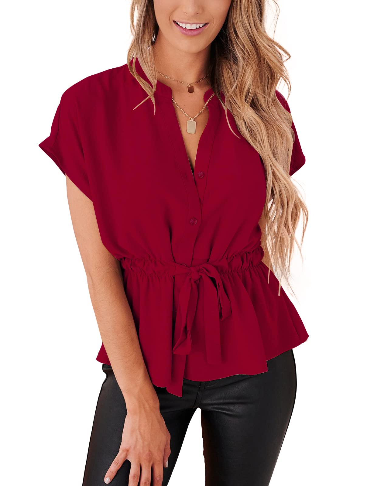 Women's Casual Peplum Button Down Blouse - Summer Chiffon Work Tops for Office, Business Meetings & Dressy Occasions