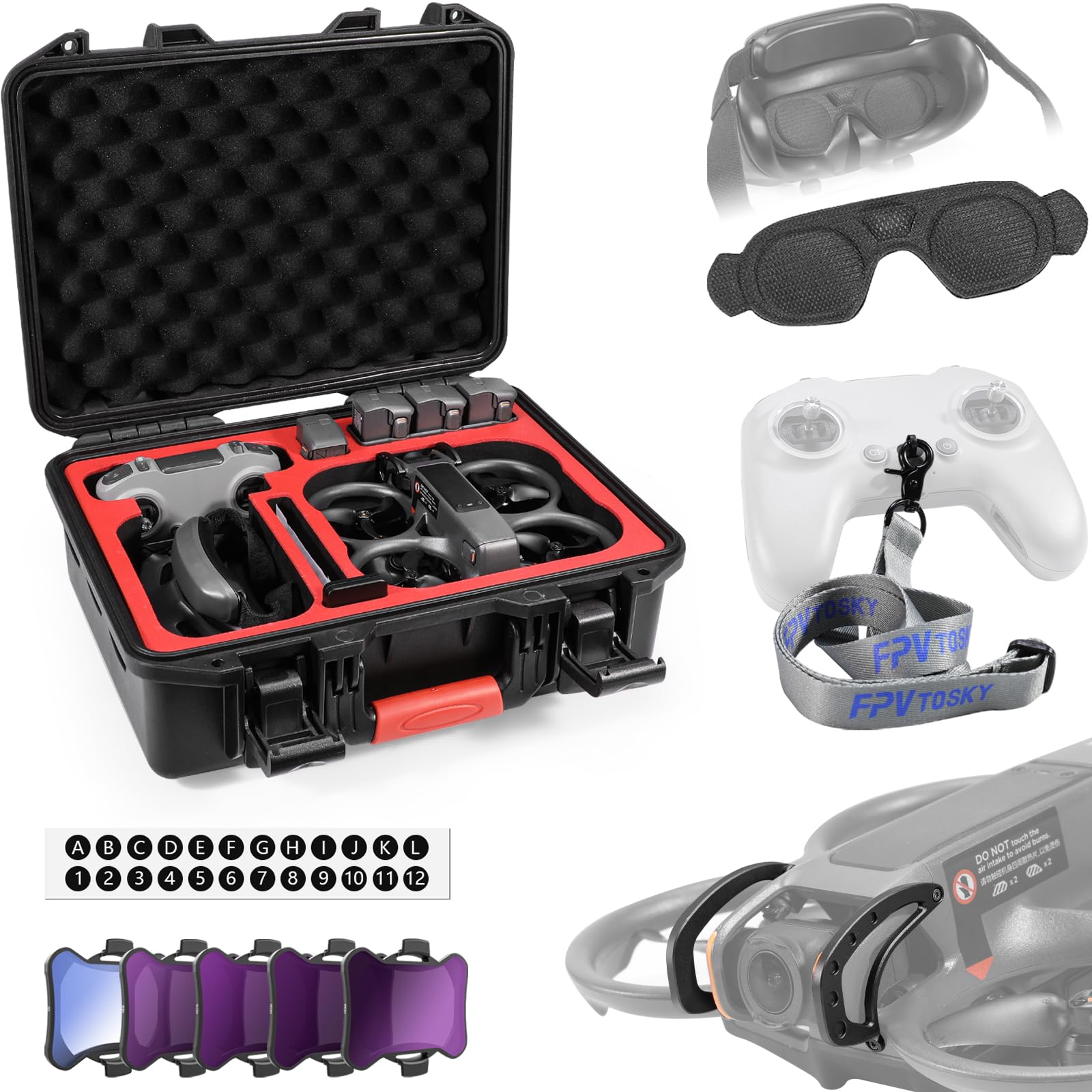 FPVtosky 6-in-1 Accessories Kit for DJI Avata 2 Drone - Hard Case, Gimbal Bumper, 5-Pack ND Filters, Goggle 3 Dust Cover, Neck Lanyard & Battery Digital Stickers - Perfect for Aerial Photography, Travel Protection & Drone Maintenance