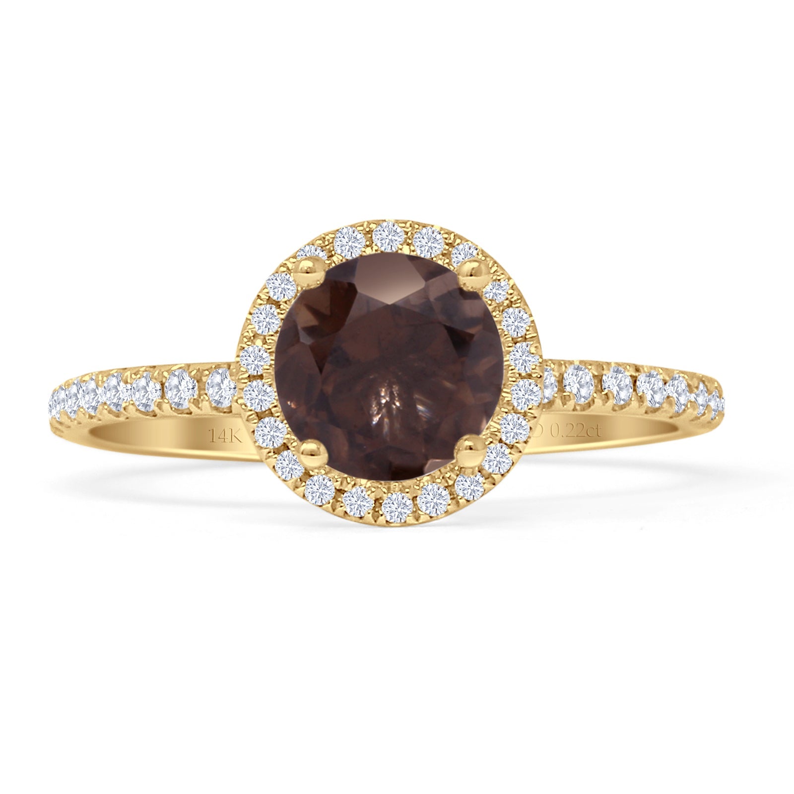 14K Yellow Gold Round Halo Natural Chocolate Smoky Quartz Diamond Ring for Women - Elegant Engagement, Wedding, Anniversary Gift Jewelry - Perfect for Romantic Occasions & Special Celebrations