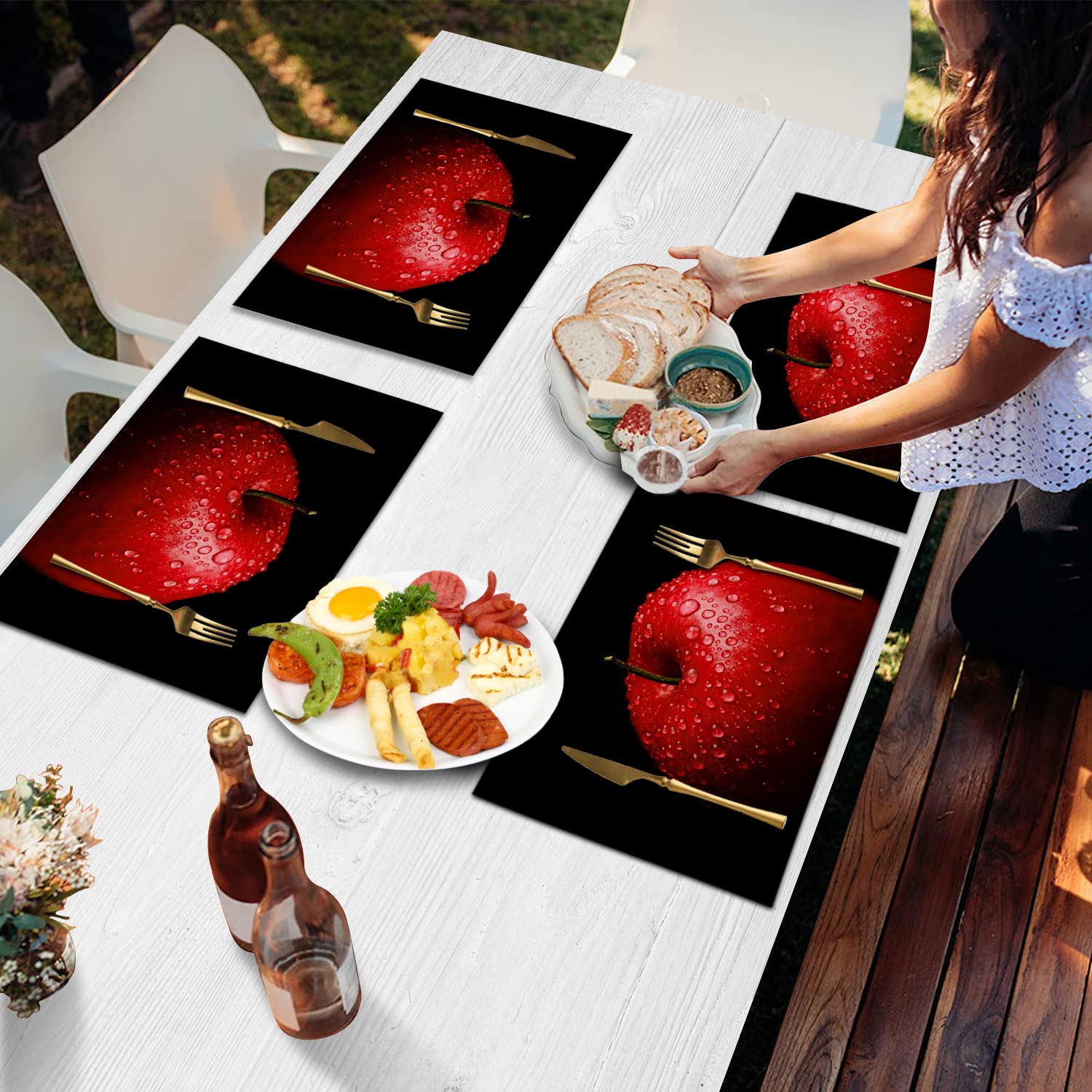 6-Pack Watercolor Red Apple & Water Drop Placemats - Stain Resistant, Washable Kitchen & Dining Table Mats - Perfect for Holiday Dinners, Breakfast Nooks & Home Decor (Black)