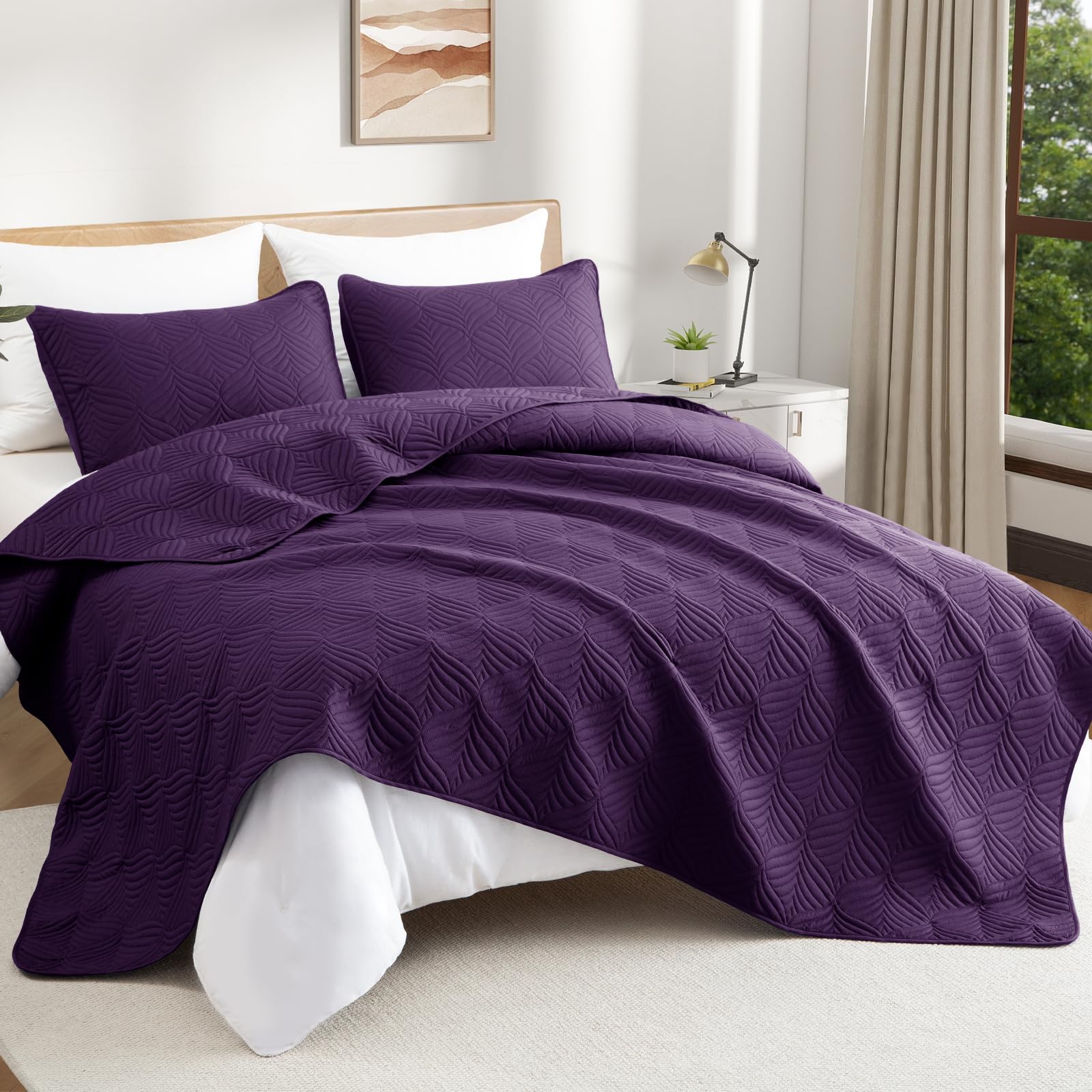 Whale Flotilla Quilts Queen Size - 3-Piece Soft Lightweight Modern Geometric Bedding Set | All-Season Purple Quilt, Coverlet & Bedspread | Perfect for Master Bedroom, Guest Room & Cozy Home Decor