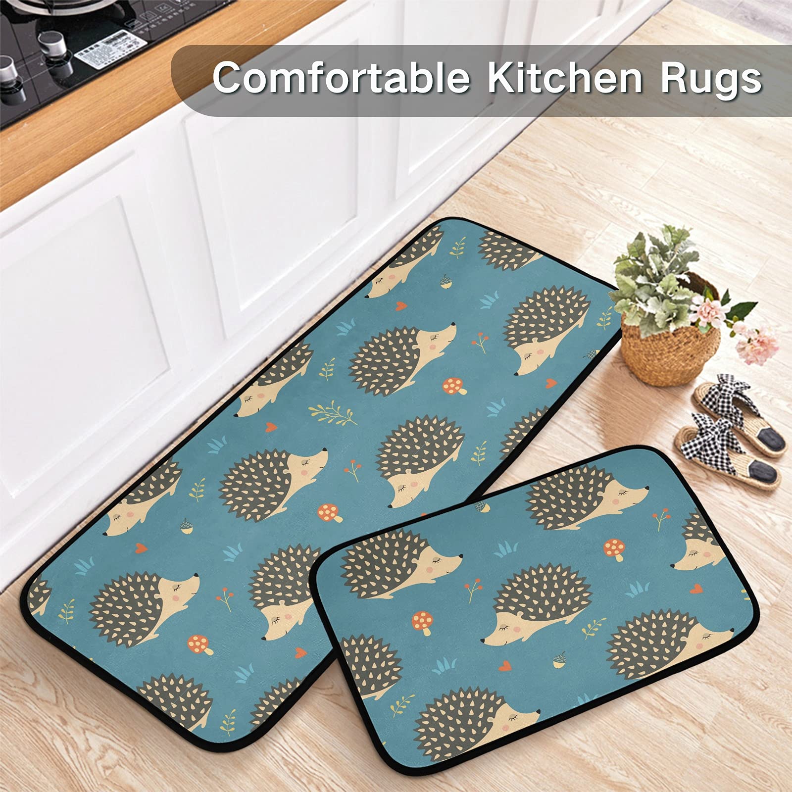 Non-Slip Washable Hedgehog Kitchen Mat Set of 2 - Cushioned Memory Foam Rugs for Standing Comfort at Sink, Office Desk - Anti-Fatigue Floor Mats for Kitchen, Laundry Room & Home Decor