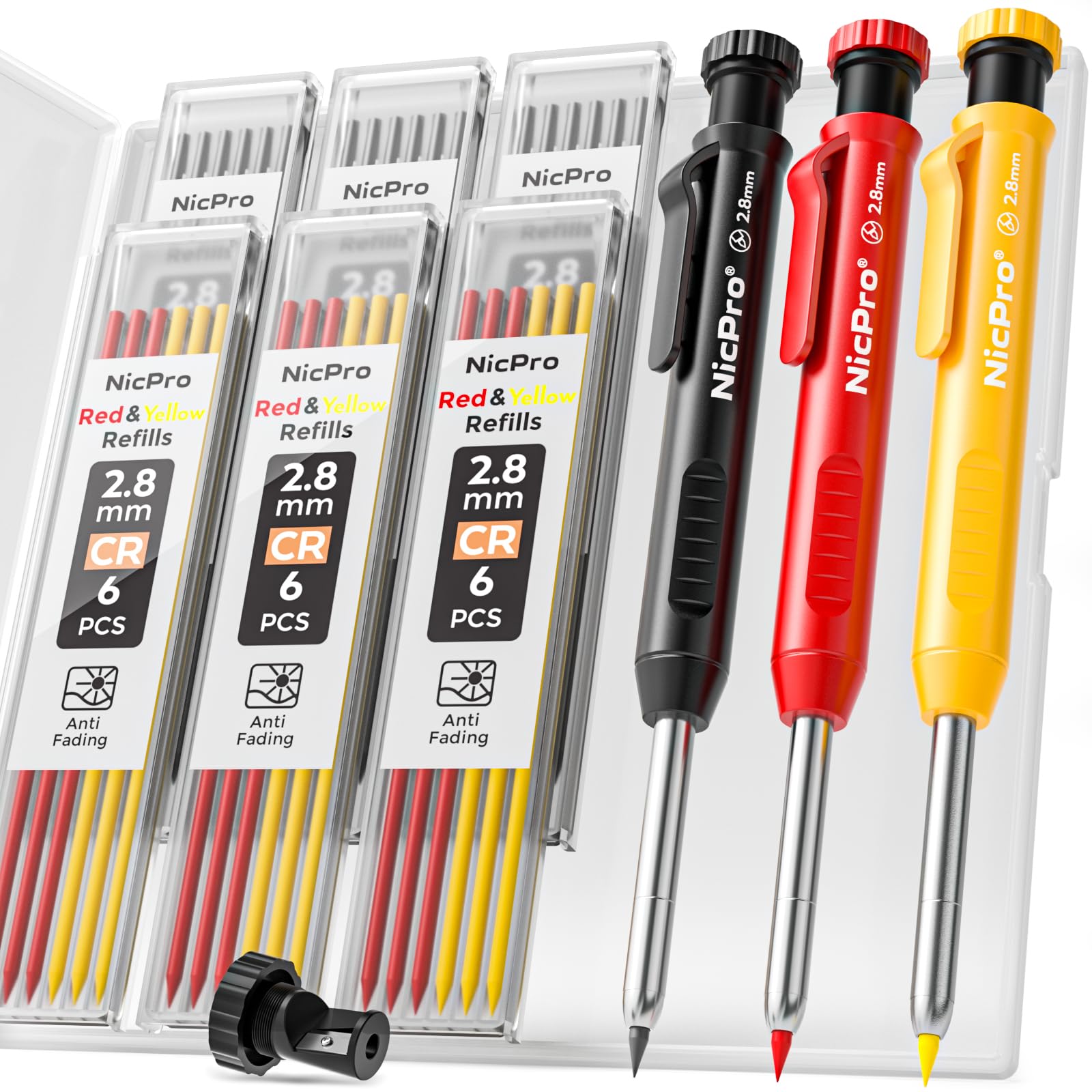 Nicpro 3-Pack Heavy Duty Mechanical Carpenter Pencils with Sharpener & 39 Refills - Woodworking, Construction & Architect Pencils (Red, Black, Yellow) with Protective Case - Perfect for DIY Projects, Building Plans & Professional Drafting