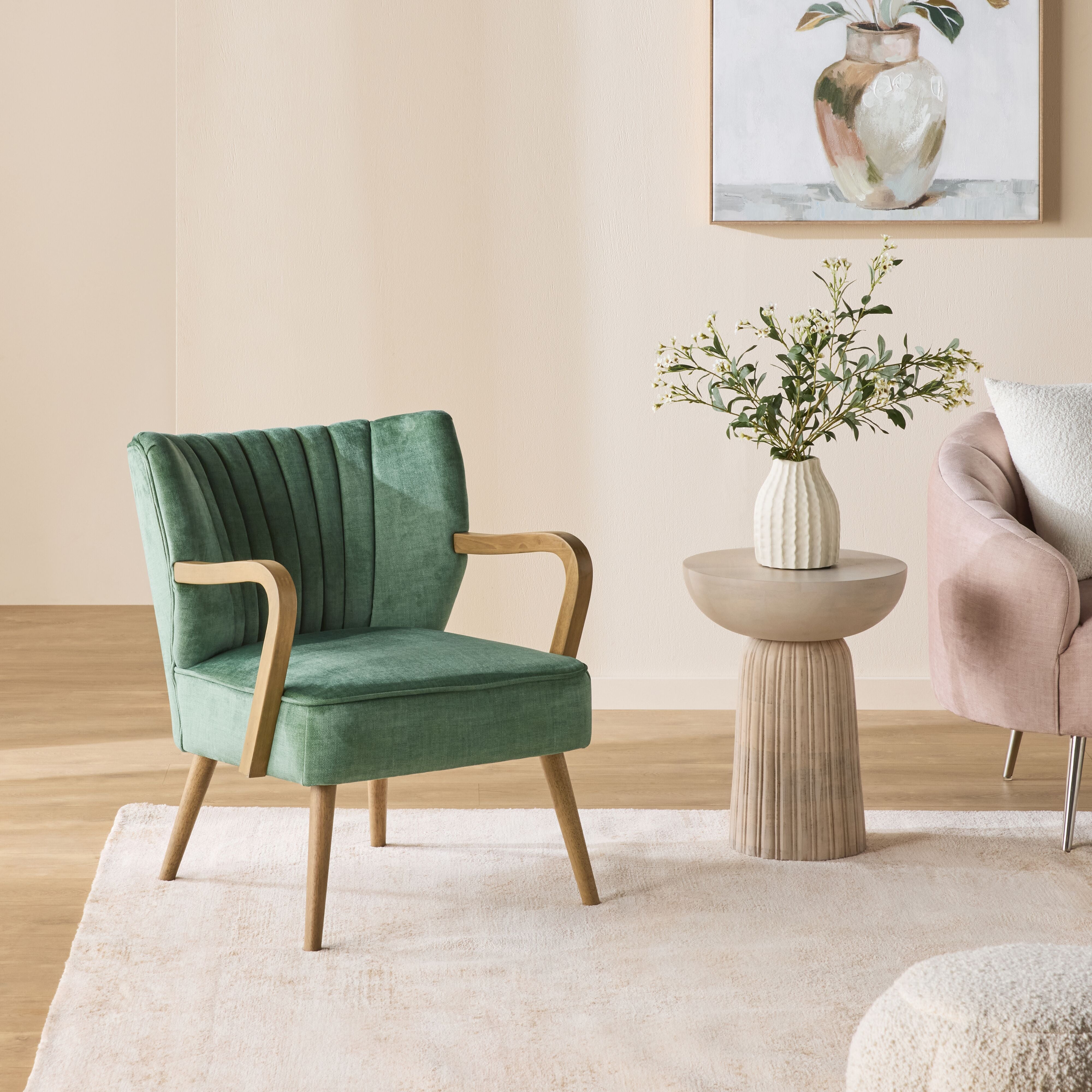 Bello Occasional Chair - Modern Accent Chair with Wooden Legs, Upholstered in Luxurious Aura Jade Fabric - Perfect for Living Room, Bedroom or Office Decor