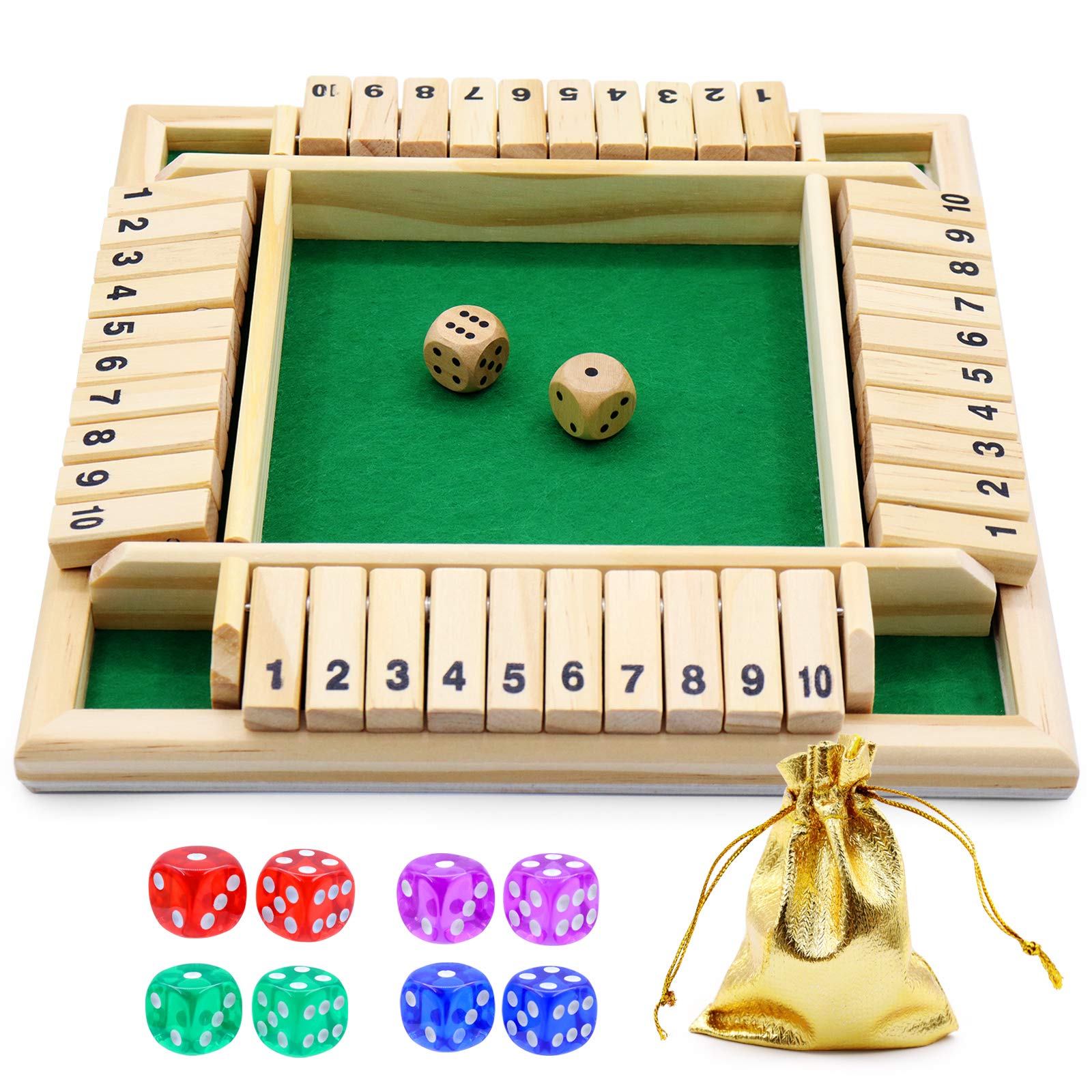 Shut The Box Wooden Board Game with 10 Dice - Classic 4-Sided Family Math Game for 2-4 Players (Kids & Adults) - Perfect for Family Game Nights, Math Learning & Party Entertainment