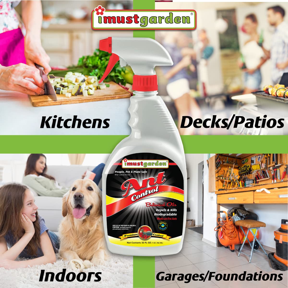 I Must Garden Ant Control Spray - Fast-Acting Natural Ant Killer & Repellent for Indoor & Outdoor Use - Safe for Pets & People - 32oz - Perfect for Kitchens, Gardens & Patios