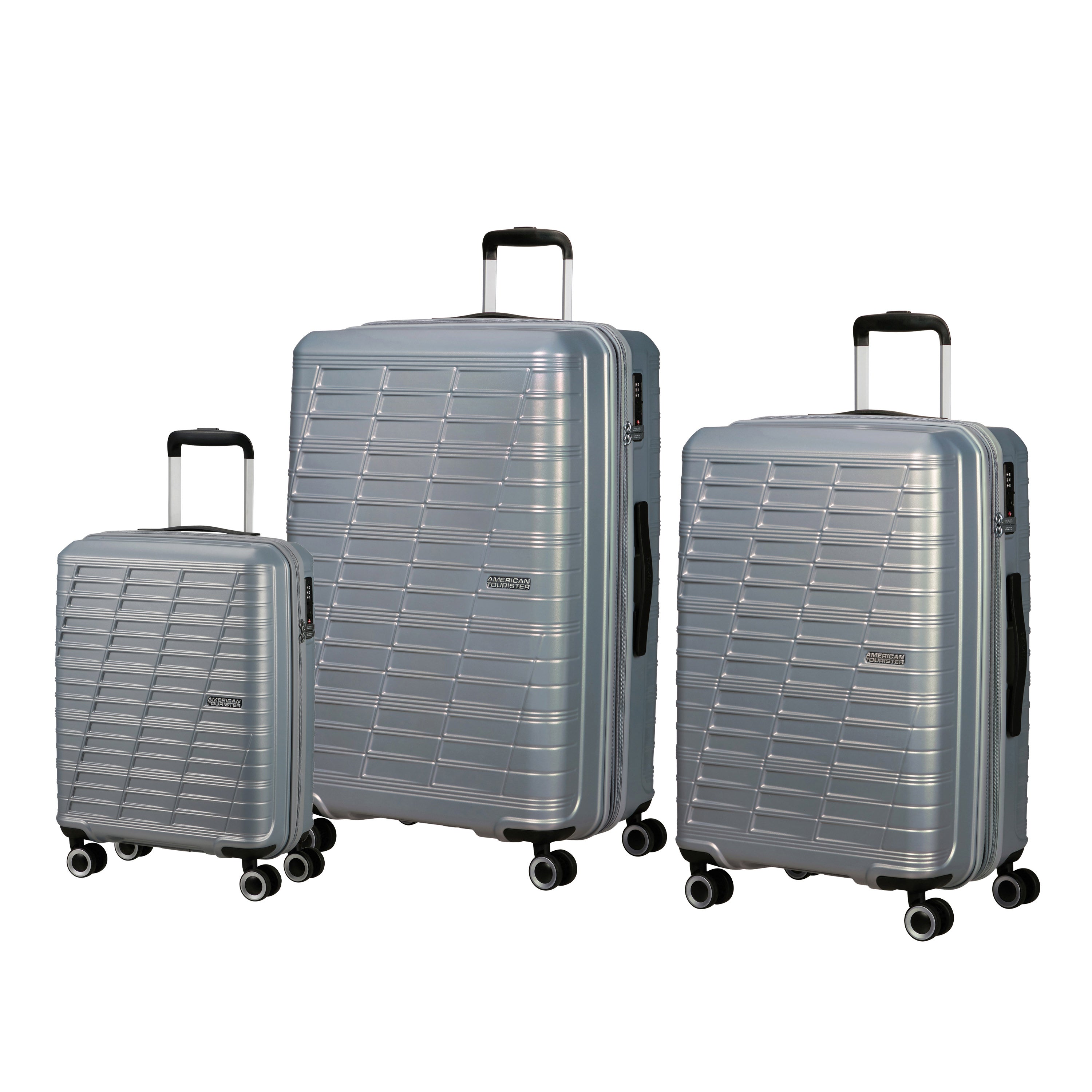 American Tourister Surftime Spinner 3-Piece Luggage Set - Lightweight Expandable Suitcase with 360° Wheels for Travel, Vacation & Business Trips (Black/Blue) - Perfect for Airplane Carry-On & Checked Baggage